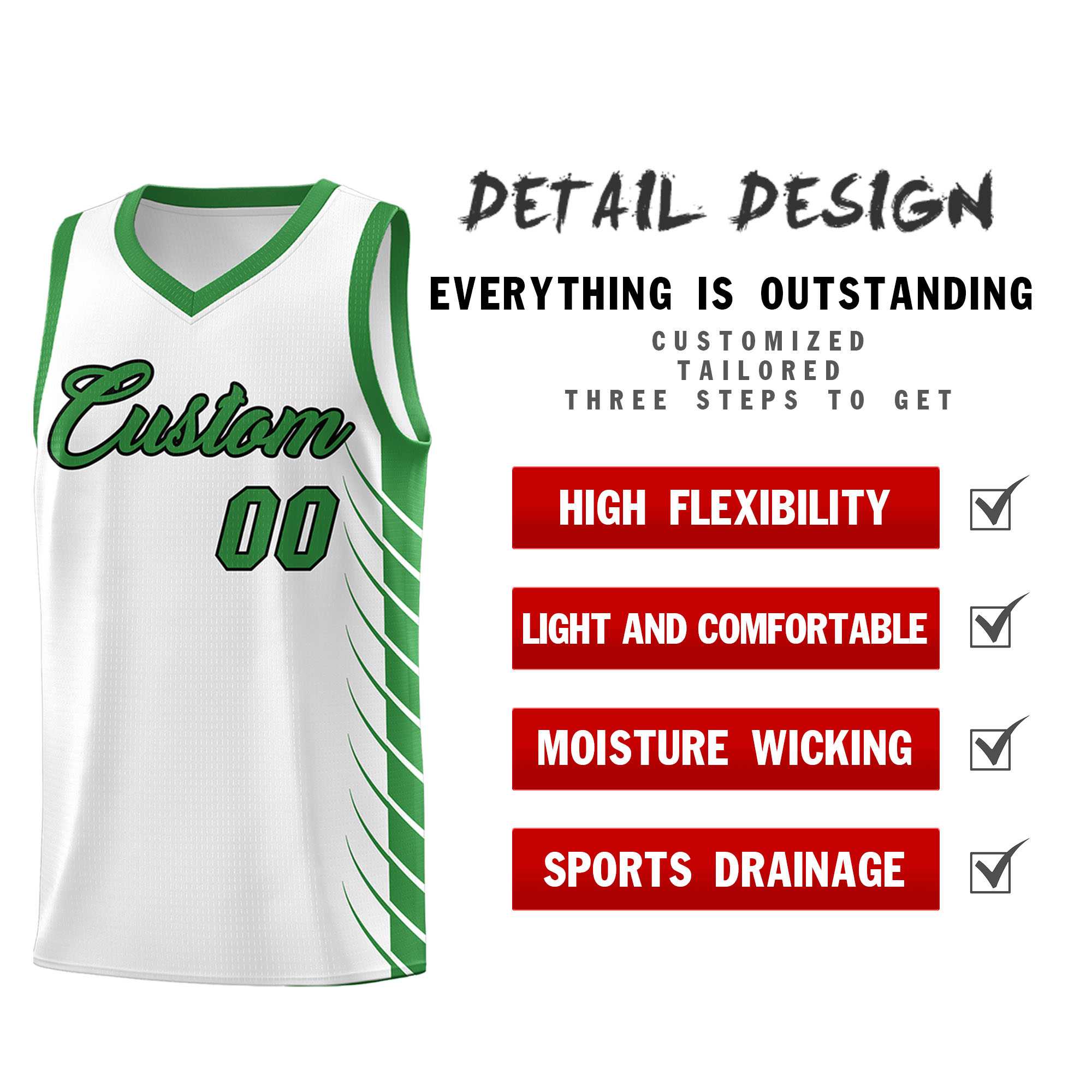 Custom White Kelly Green Personalized Side Symmetrical Line Pattern Sports Uniform Basketball Jersey