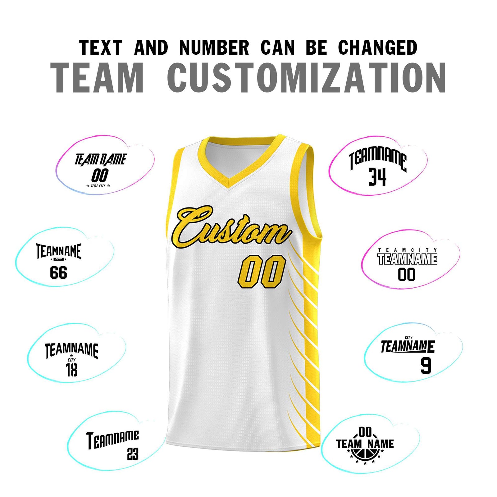 Custom White Gold Personalized Side Symmetrical Line Pattern Sports Uniform Basketball Jersey
