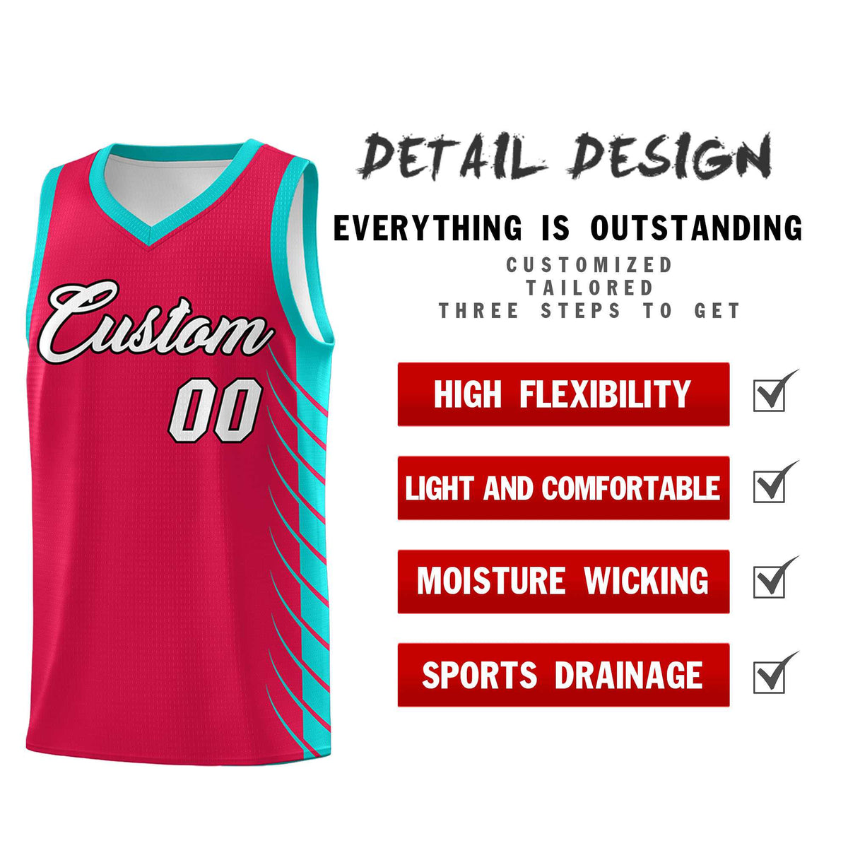 Custom Red Aqua Personalized Side Symmetrical Line Pattern Sports Uniform Basketball Jersey