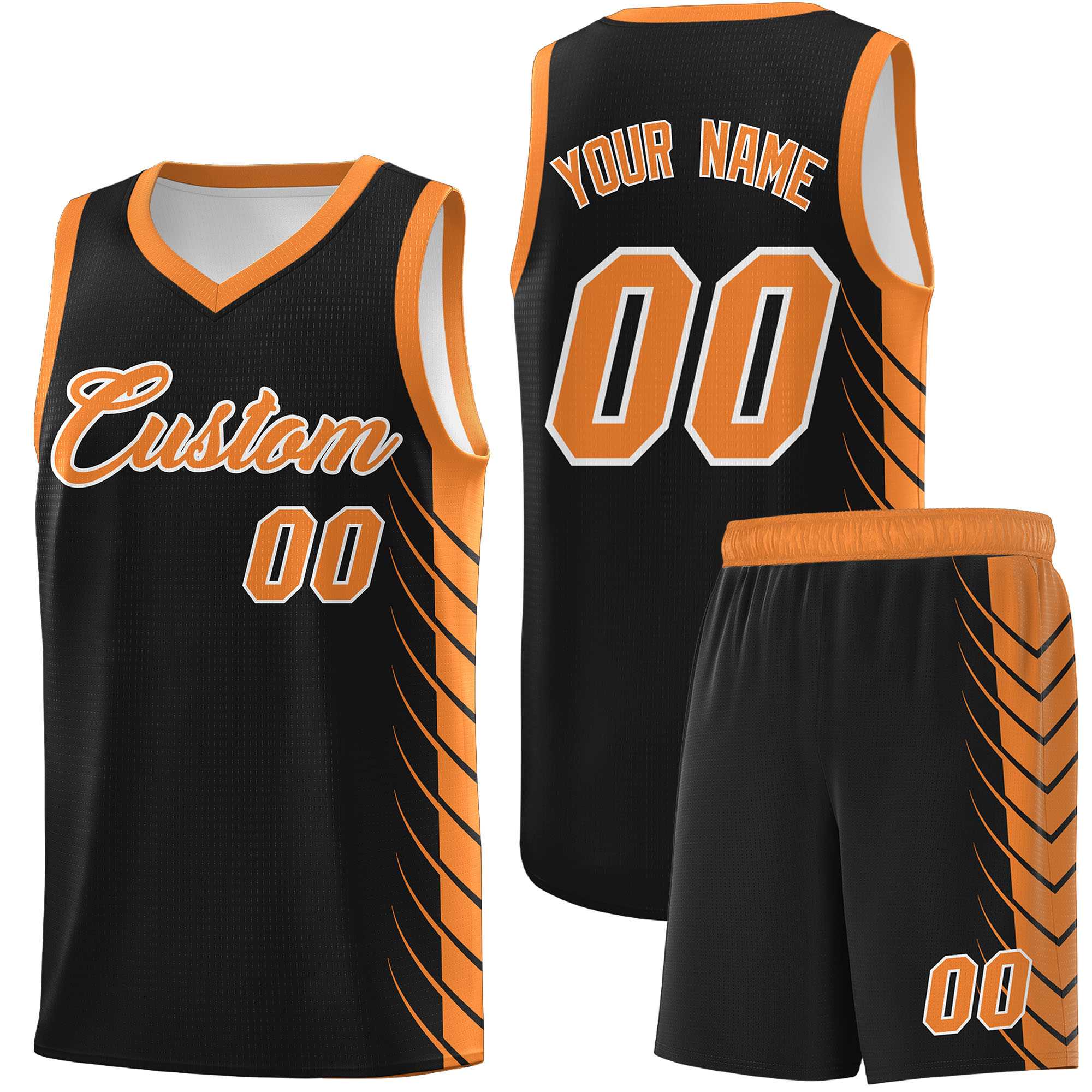 Custom Black Gold Orange Personalized Side Symmetrical Line Pattern Sports Uniform Basketball Jersey