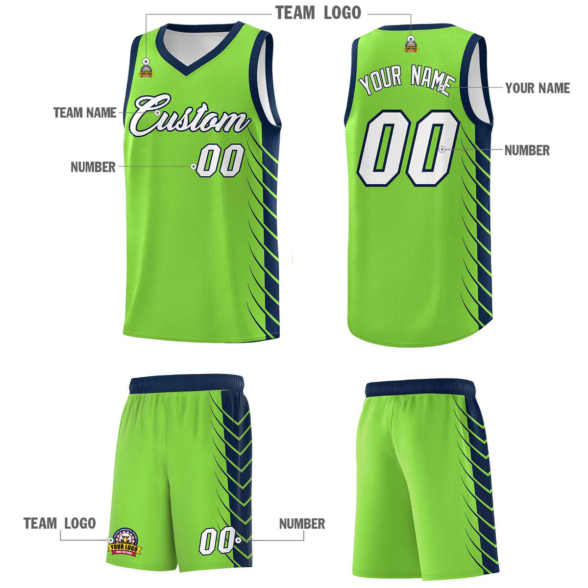 Custom Fluorescent Green Navy Personalized Side Symmetrical Line Pattern Sports Uniform Basketball Jersey