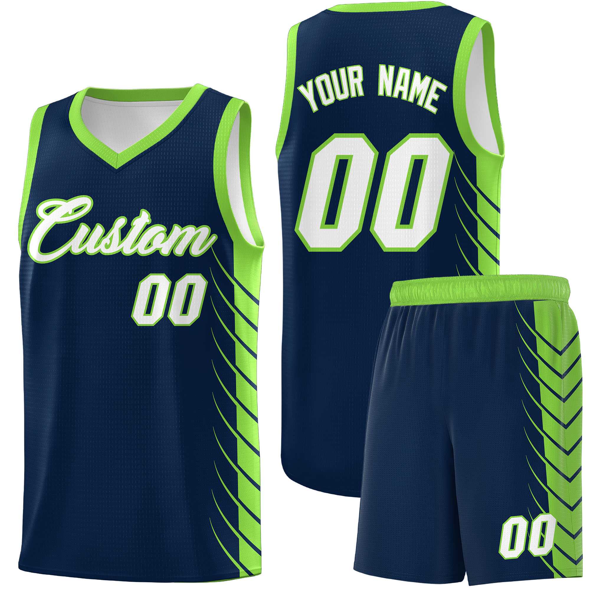 Custom Navy Fluorescent Green Personalized Side Symmetrical Line Pattern Sports Uniform Basketball Jersey