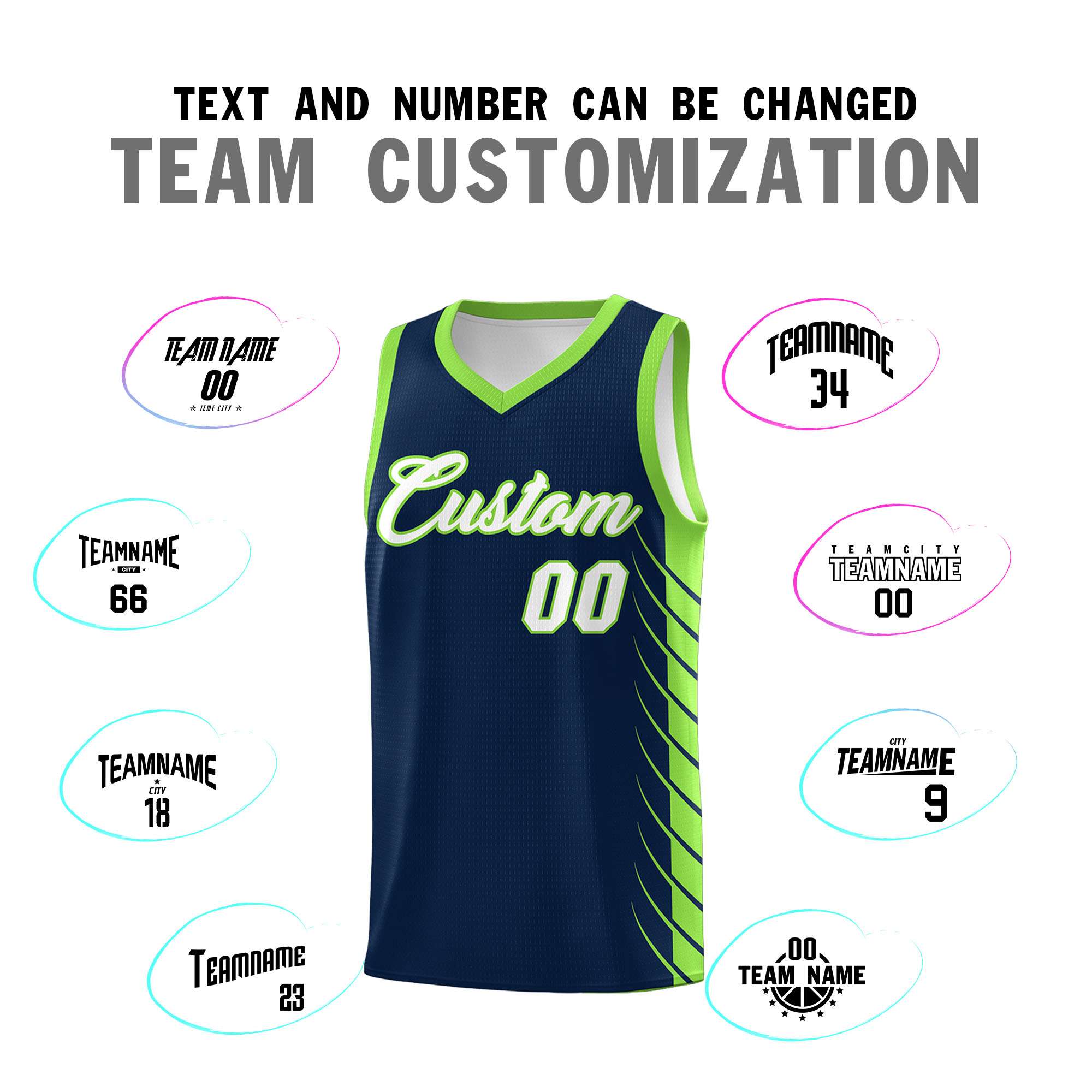 Custom Navy Fluorescent Green Personalized Side Symmetrical Line Pattern Sports Uniform Basketball Jersey