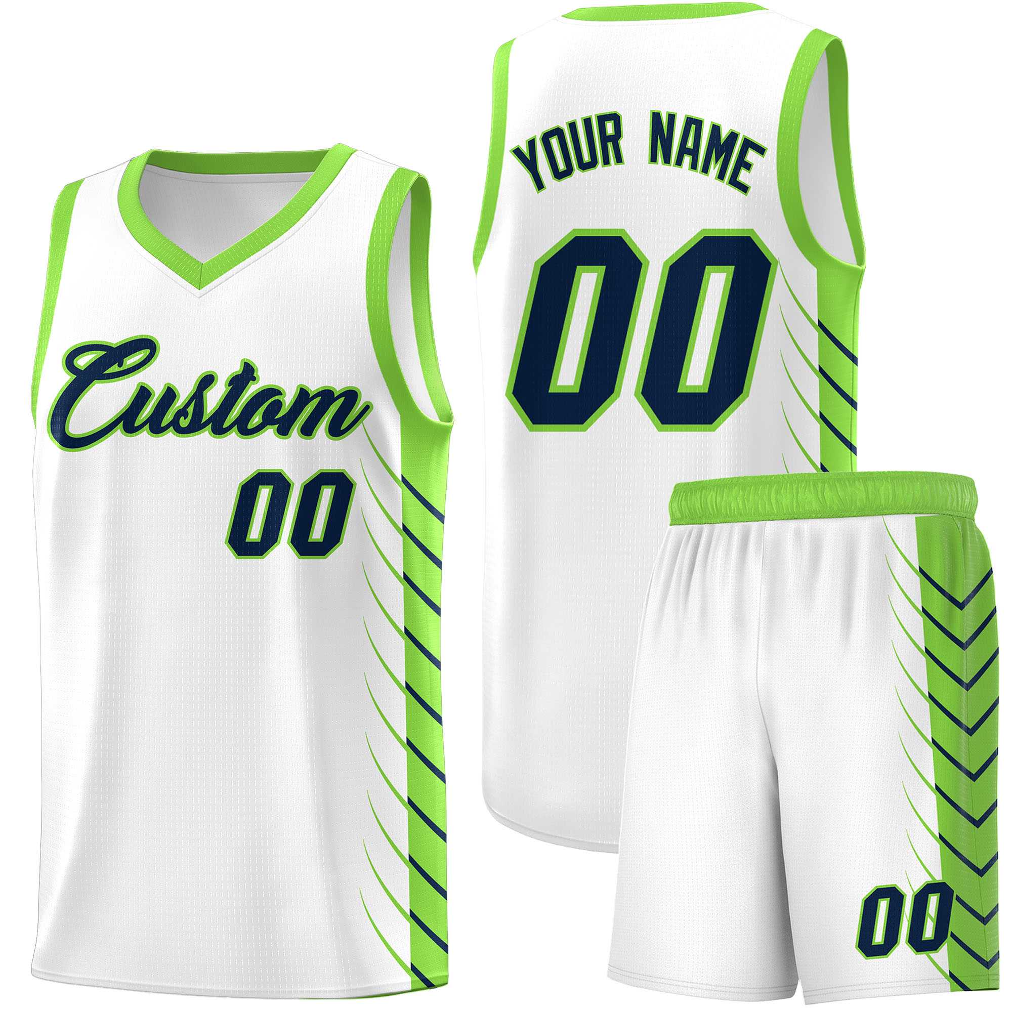 Custom White Fluorescent Green Personalized Side Symmetrical Line Pattern Sports Uniform Basketball Jersey