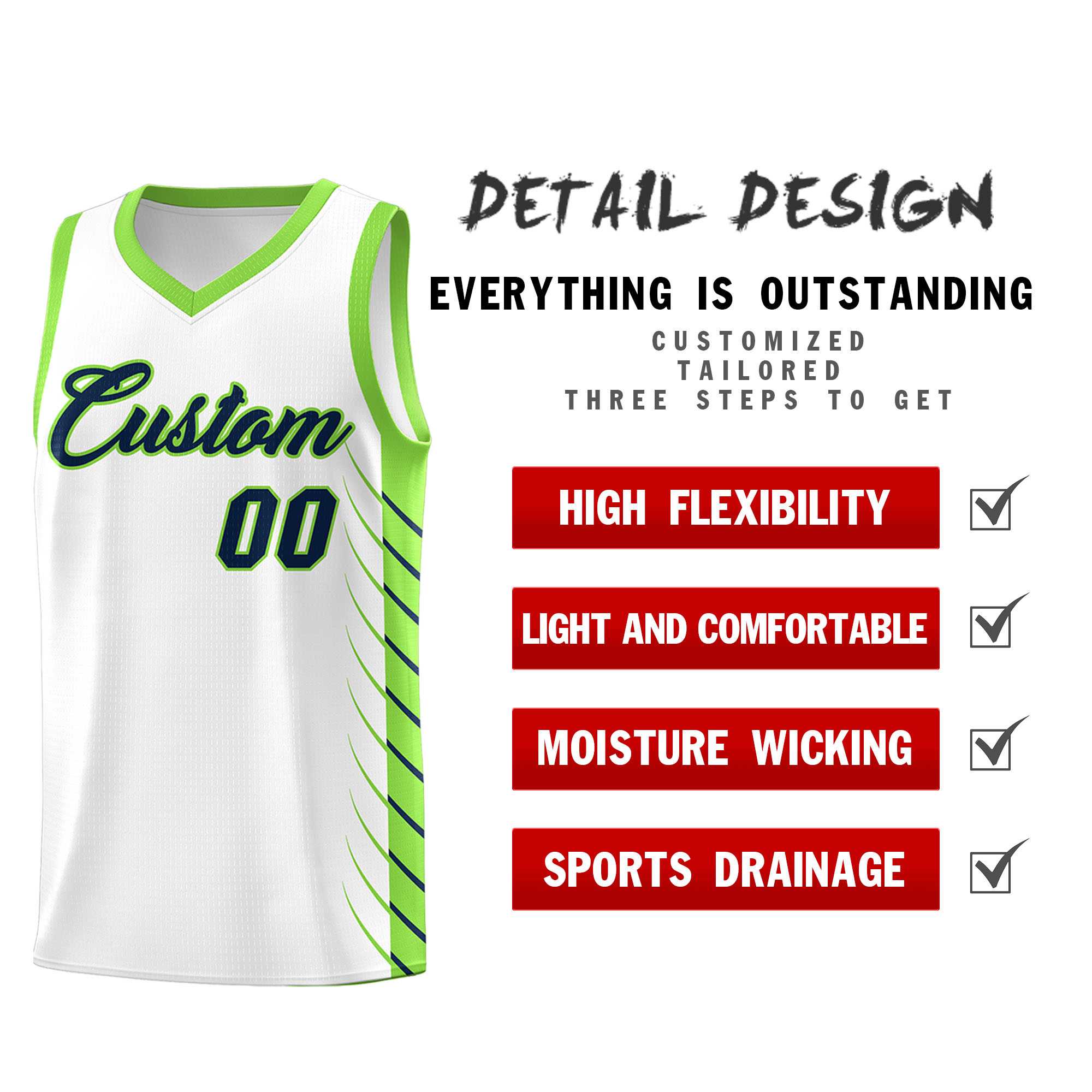 Custom White Fluorescent Green Personalized Side Symmetrical Line Pattern Sports Uniform Basketball Jersey