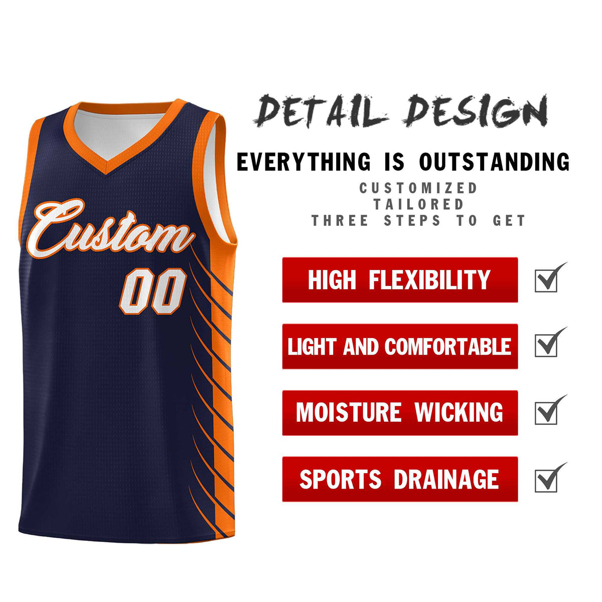 Custom Navy Orange Personalized Side Symmetrical Line Pattern Sports Uniform Basketball Jersey