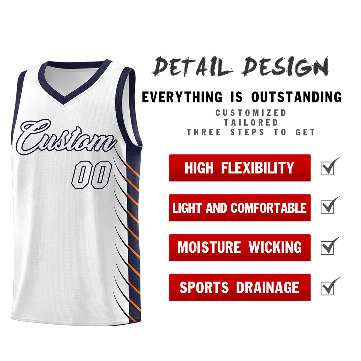 Custom White Navy Personalized Side Symmetrical Line Pattern Sports Uniform Basketball Jersey