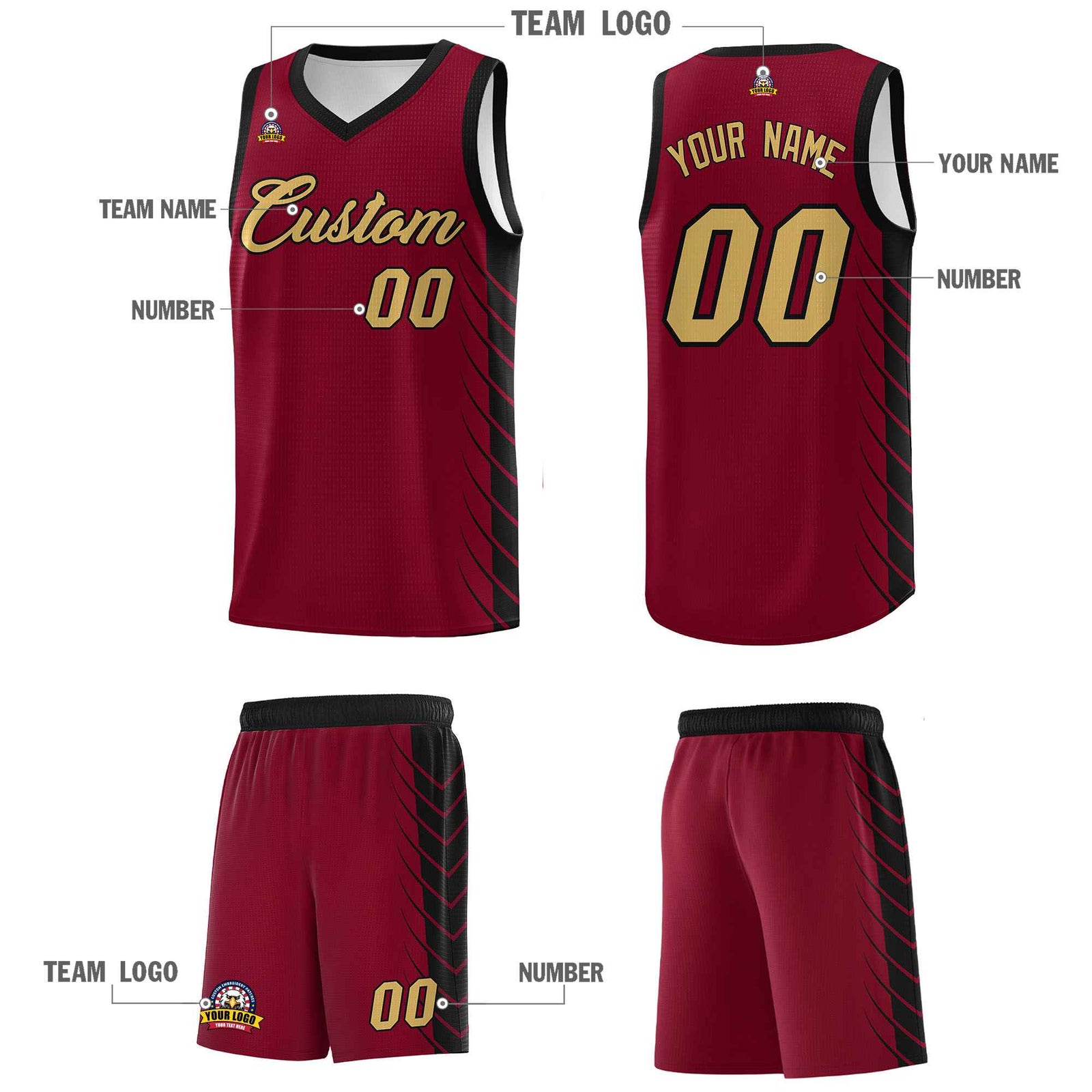 Custom Crimson Black Personalized Side Symmetrical Line Pattern Sports Uniform Basketball Jersey
