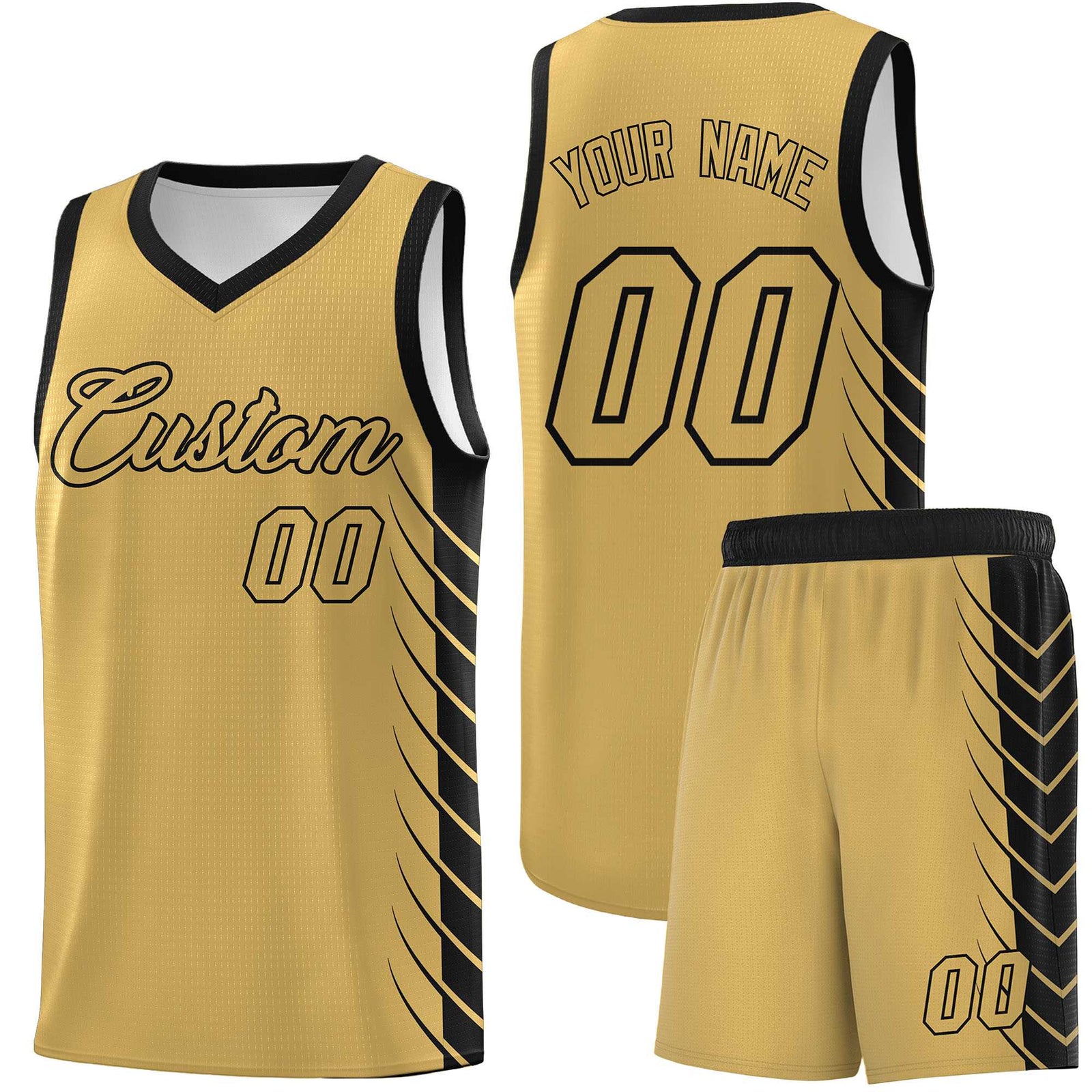 Custom Old Gold Black Personalized Side Symmetrical Line Pattern Sports Uniform Basketball Jersey