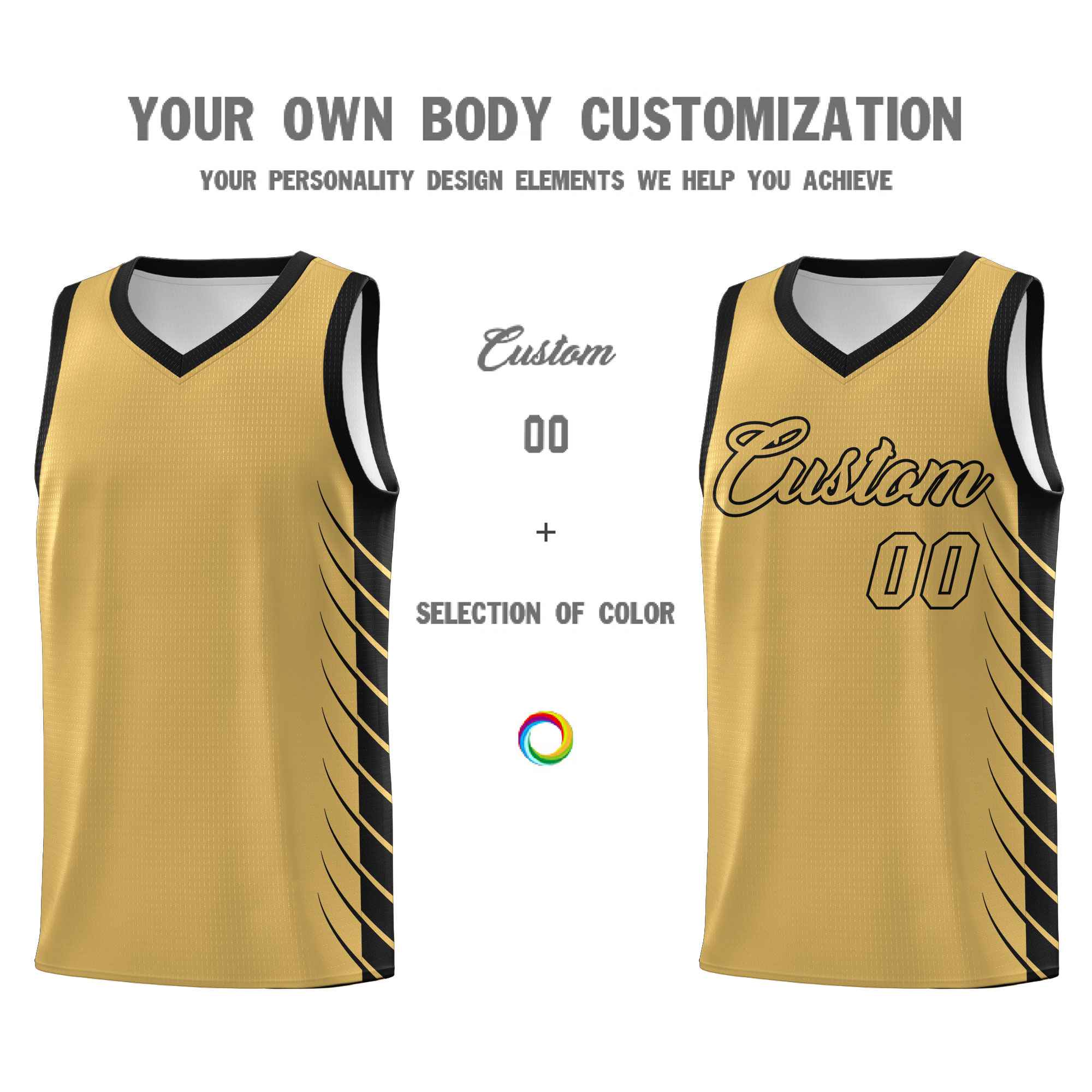 Custom Old Gold Black Personalized Side Symmetrical Line Pattern Sports Uniform Basketball Jersey