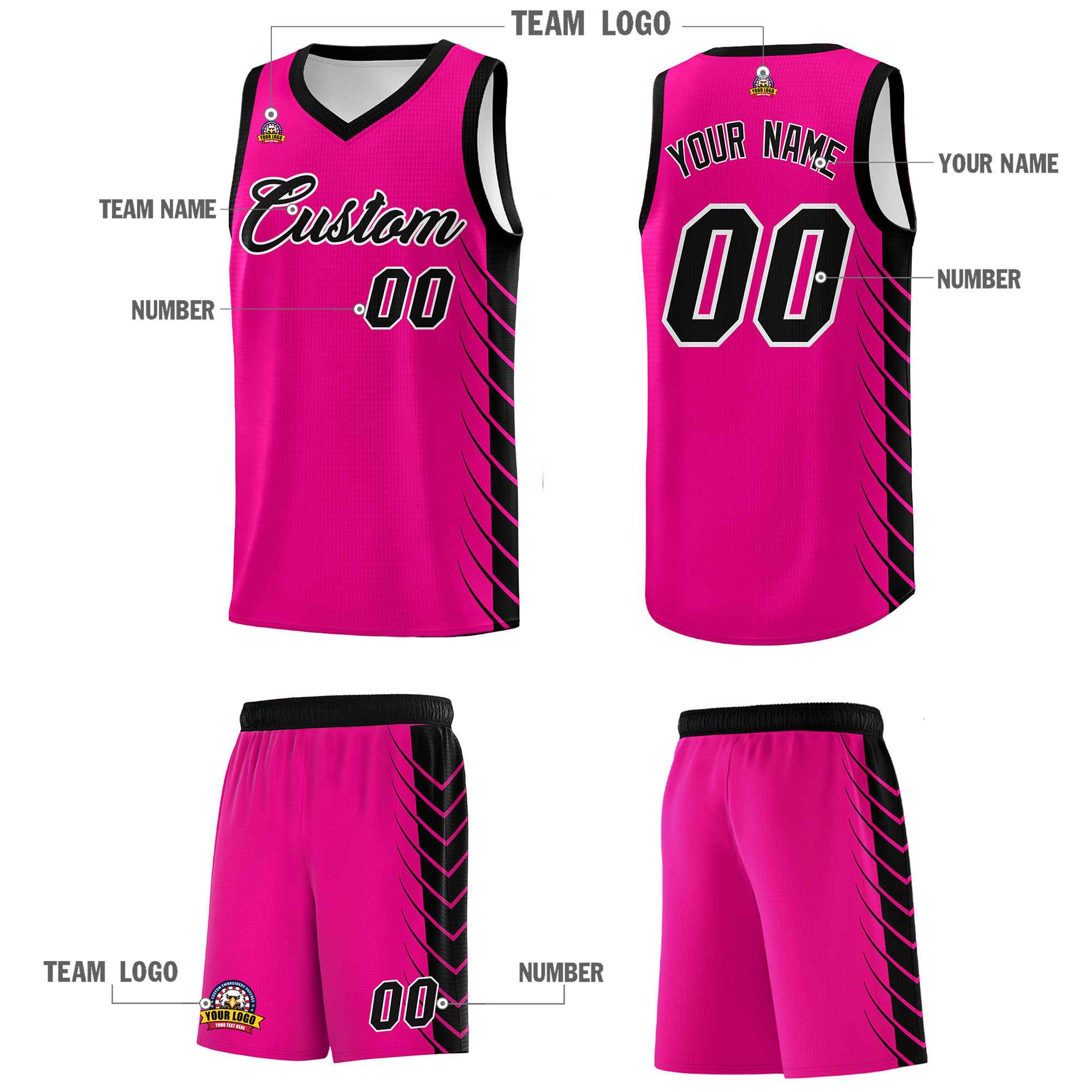 Custom Pink Black Personalized Side Symmetrical Line Pattern Sports Uniform Basketball Jersey