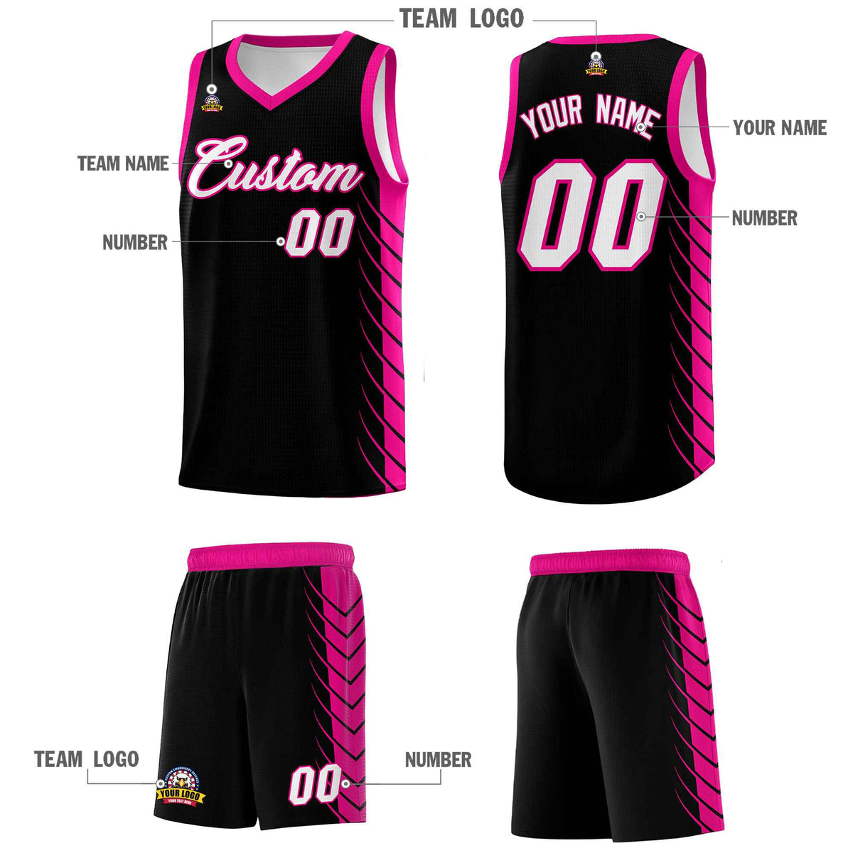 Custom Black Pink Personalized Side Symmetrical Line Pattern Sports Uniform Basketball Jersey