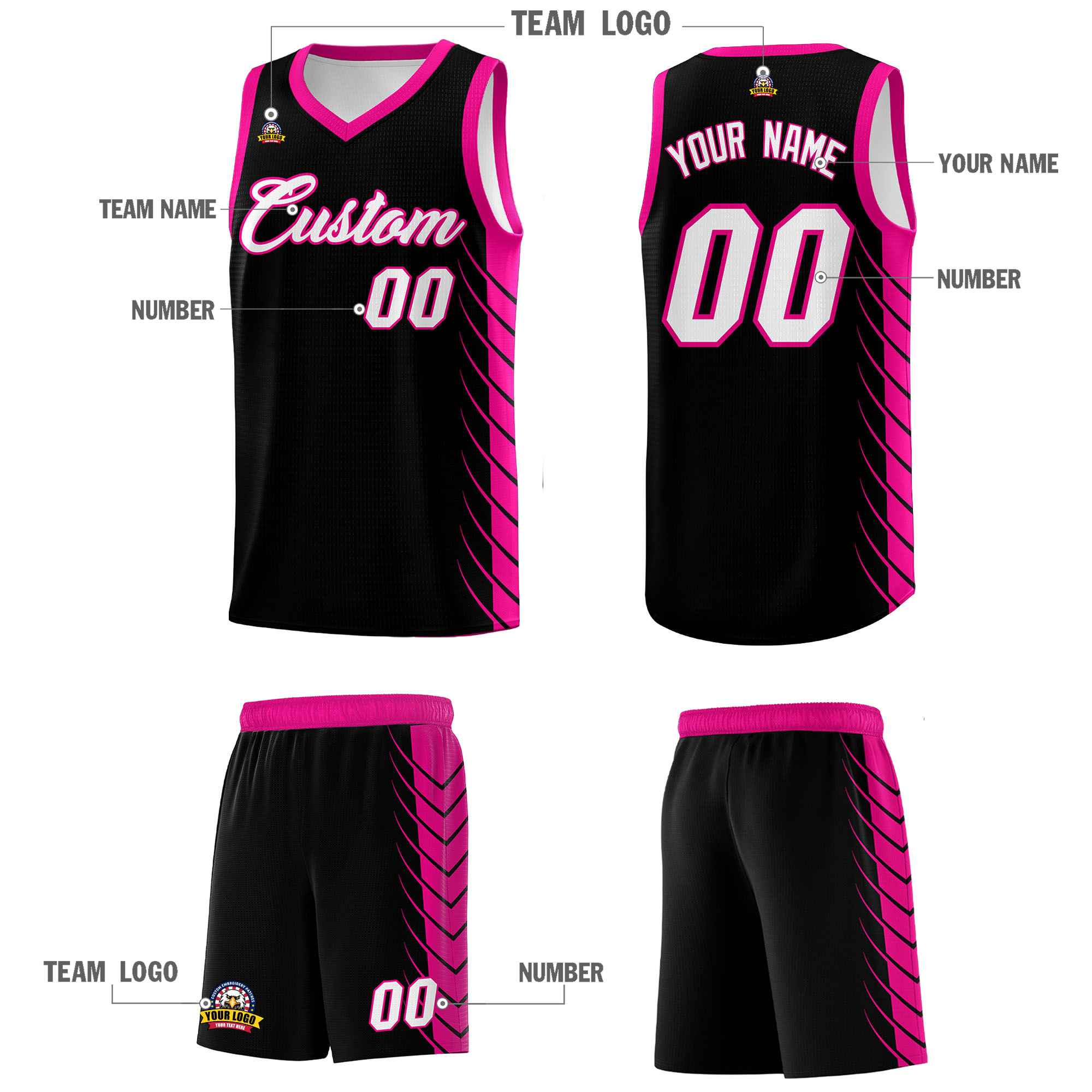 Custom Black Pink Personalized Side Symmetrical Line Pattern Sports Uniform Basketball Jersey