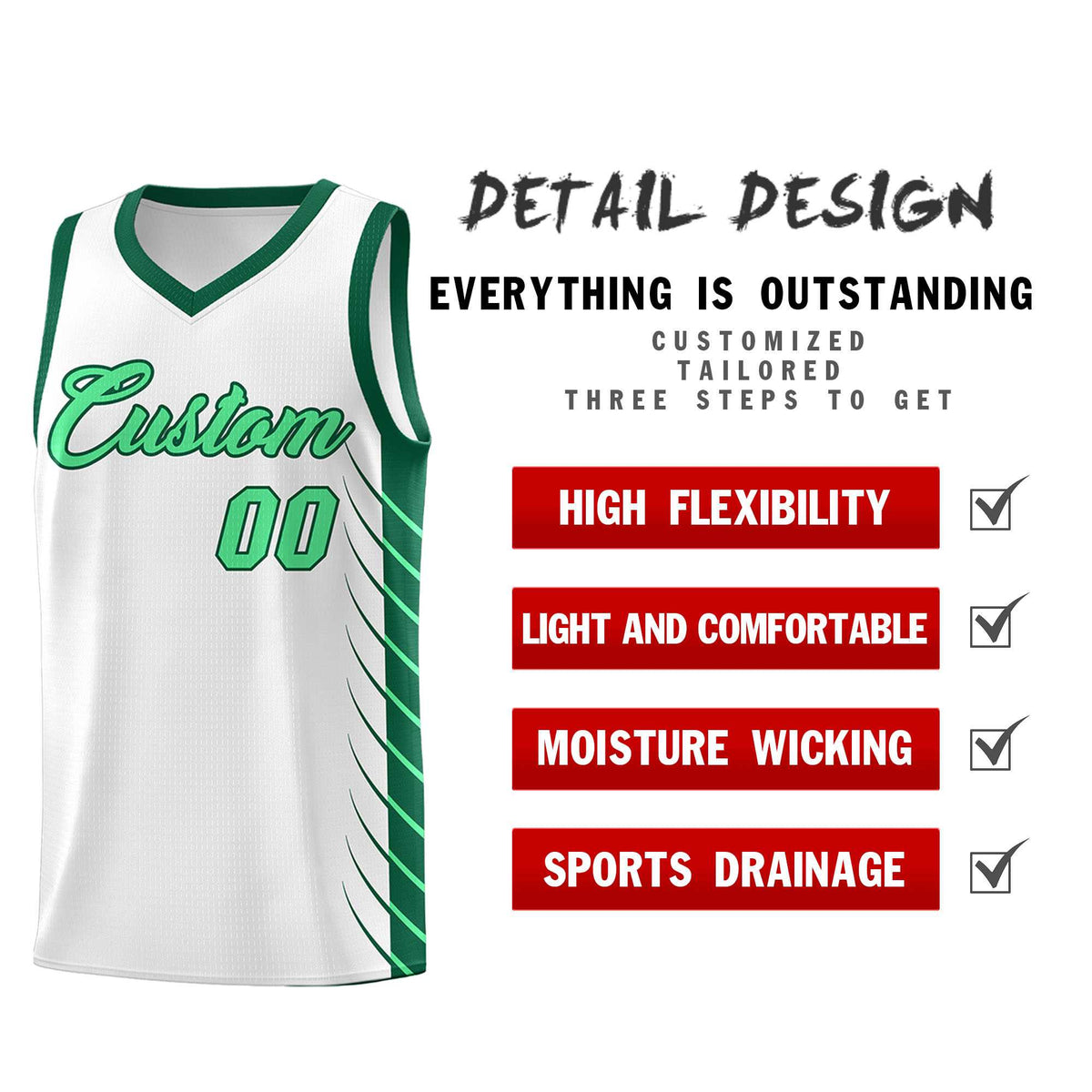 Custom White Kelly Green Personalized Side Symmetrical Line Pattern Sports Uniform Basketball Jersey