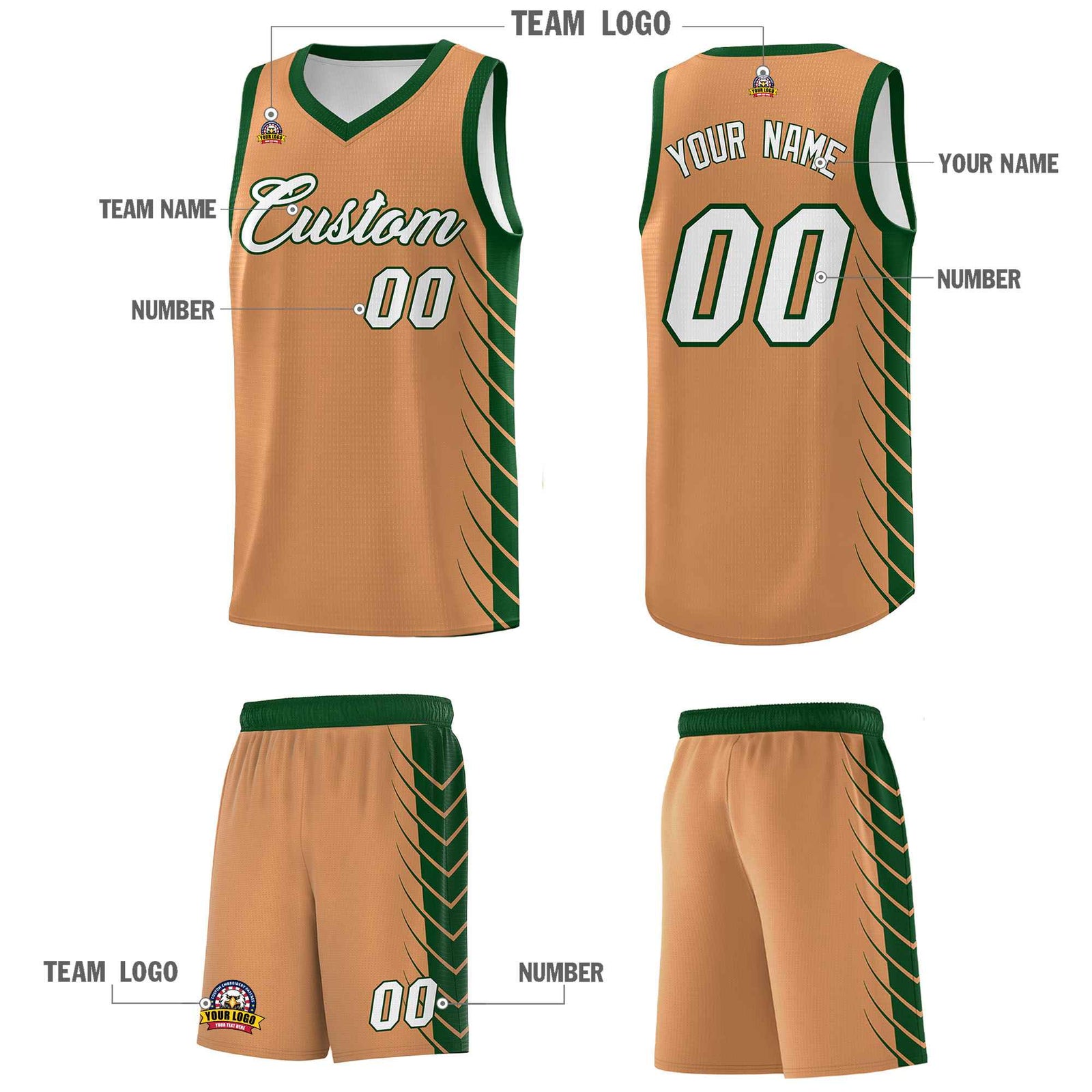 Custom Buckskin Brown Green Personalized Side Symmetrical Line Pattern Sports Uniform Basketball Jersey