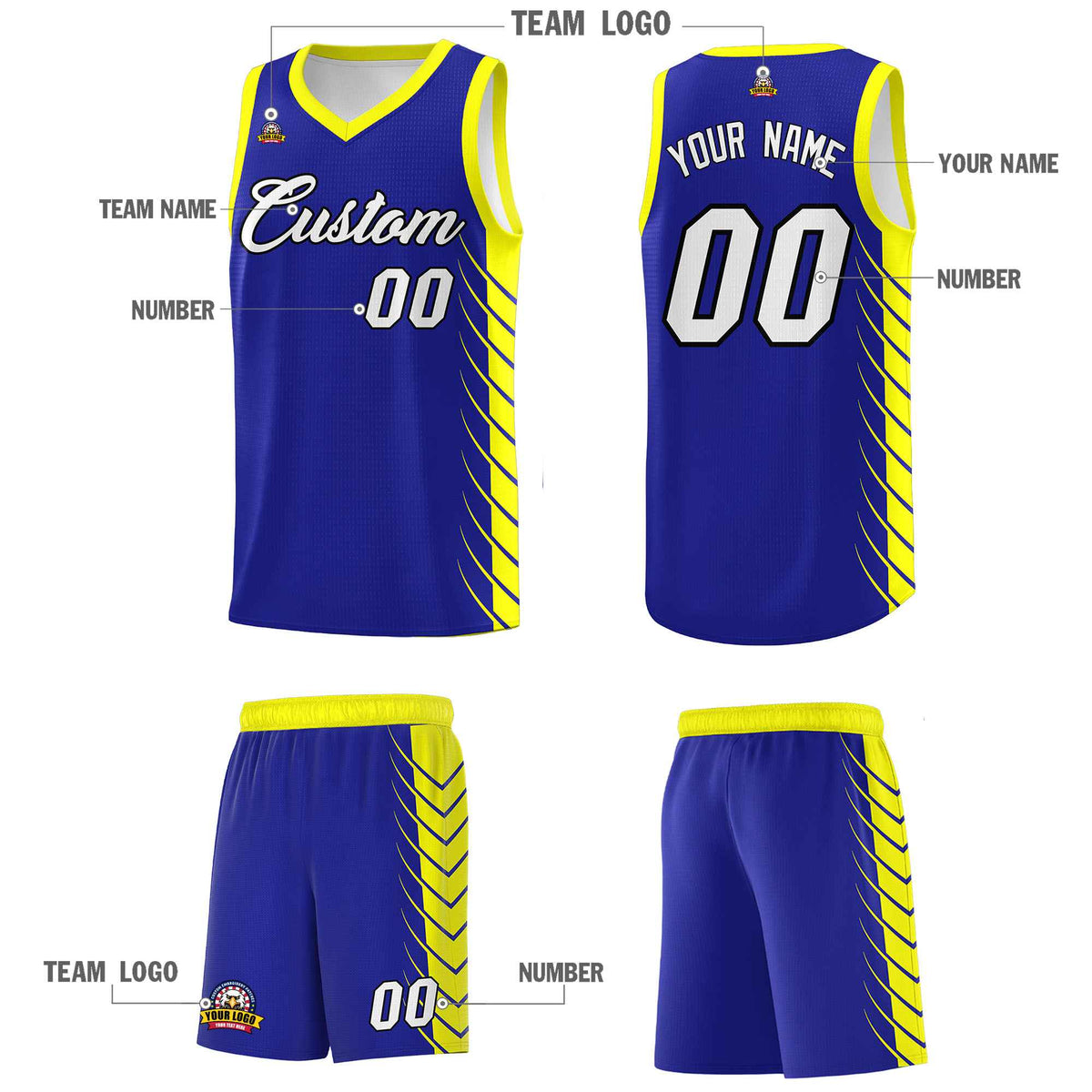 Custom Royal Fluorescent Yellow Personalized Side Symmetrical Line Pattern Sports Uniform Basketball Jersey