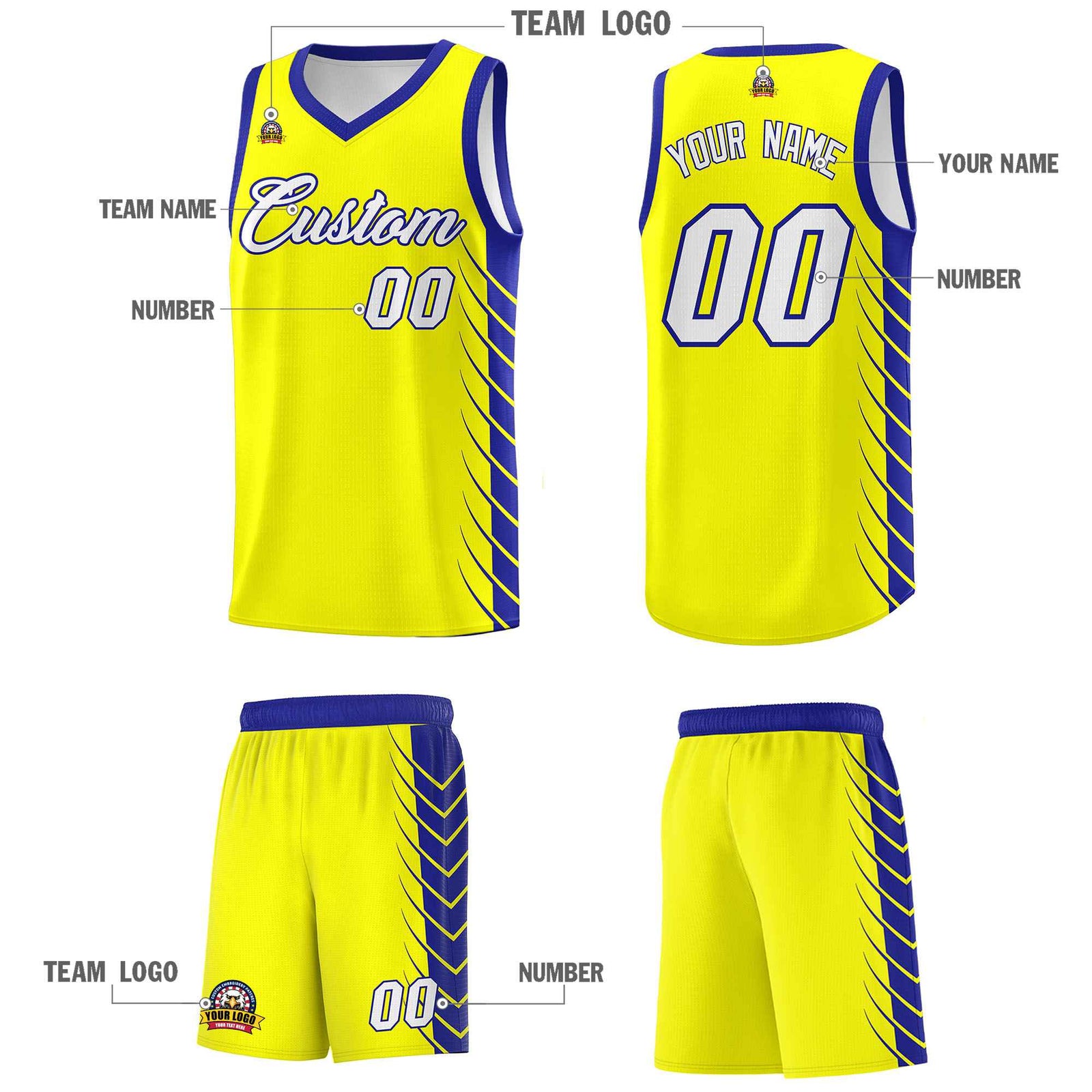 Custom Fluorescent Yellow Royal Personalized Side Symmetrical Line Pattern Sports Uniform Basketball Jersey