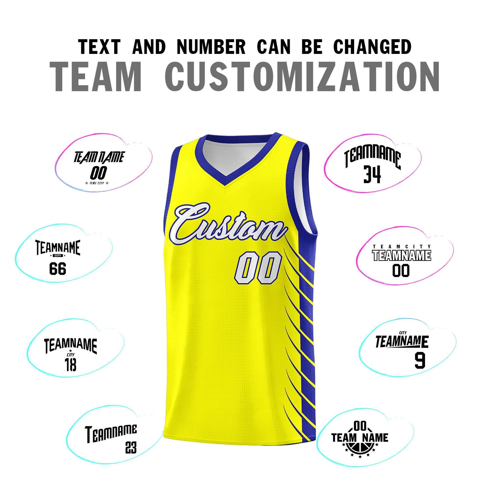 Custom Fluorescent Yellow Royal Personalized Side Symmetrical Line Pattern Sports Uniform Basketball Jersey