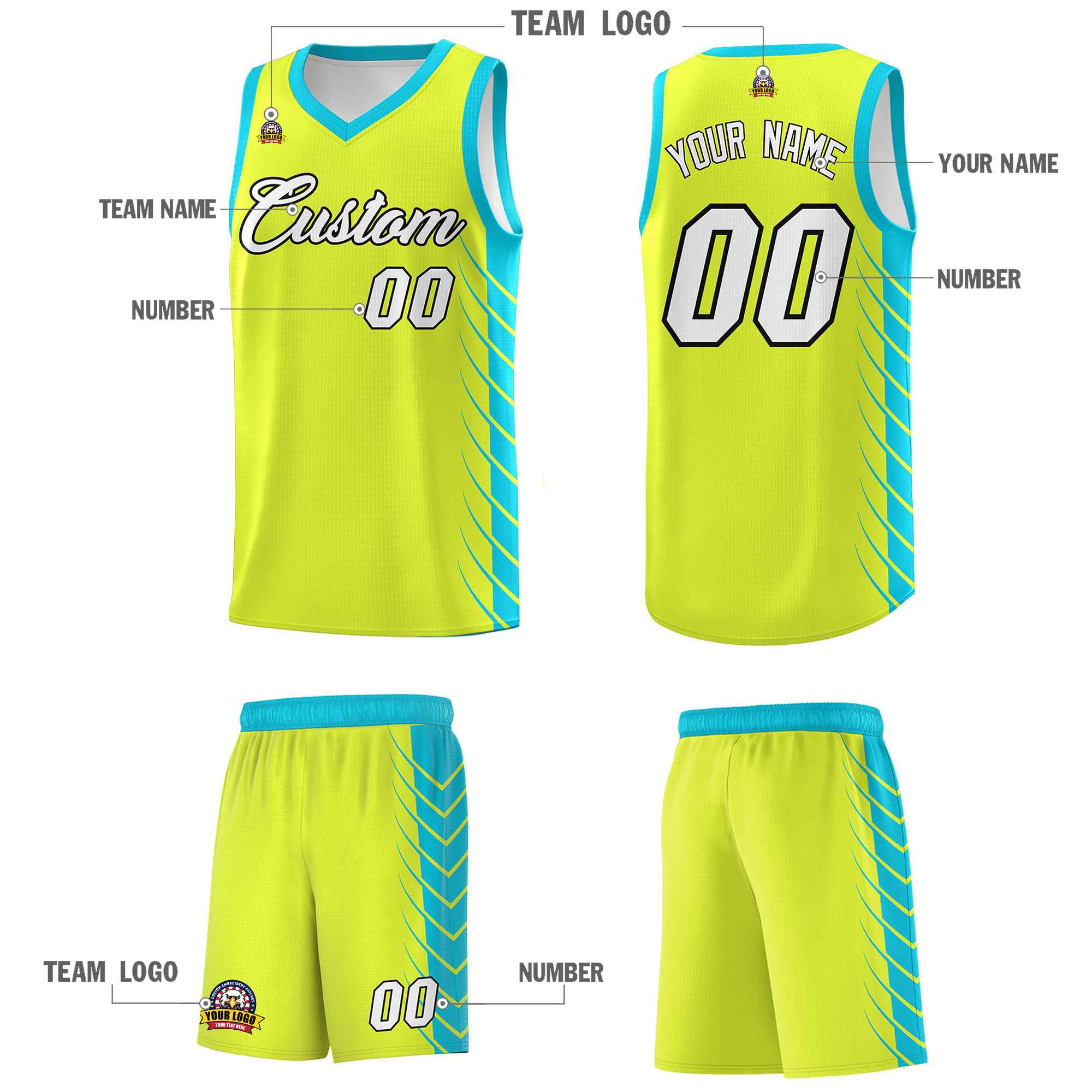 Custom Fluorescent Green Sky Blue Personalized Side Symmetrical Line Pattern Sports Uniform Basketball Jersey