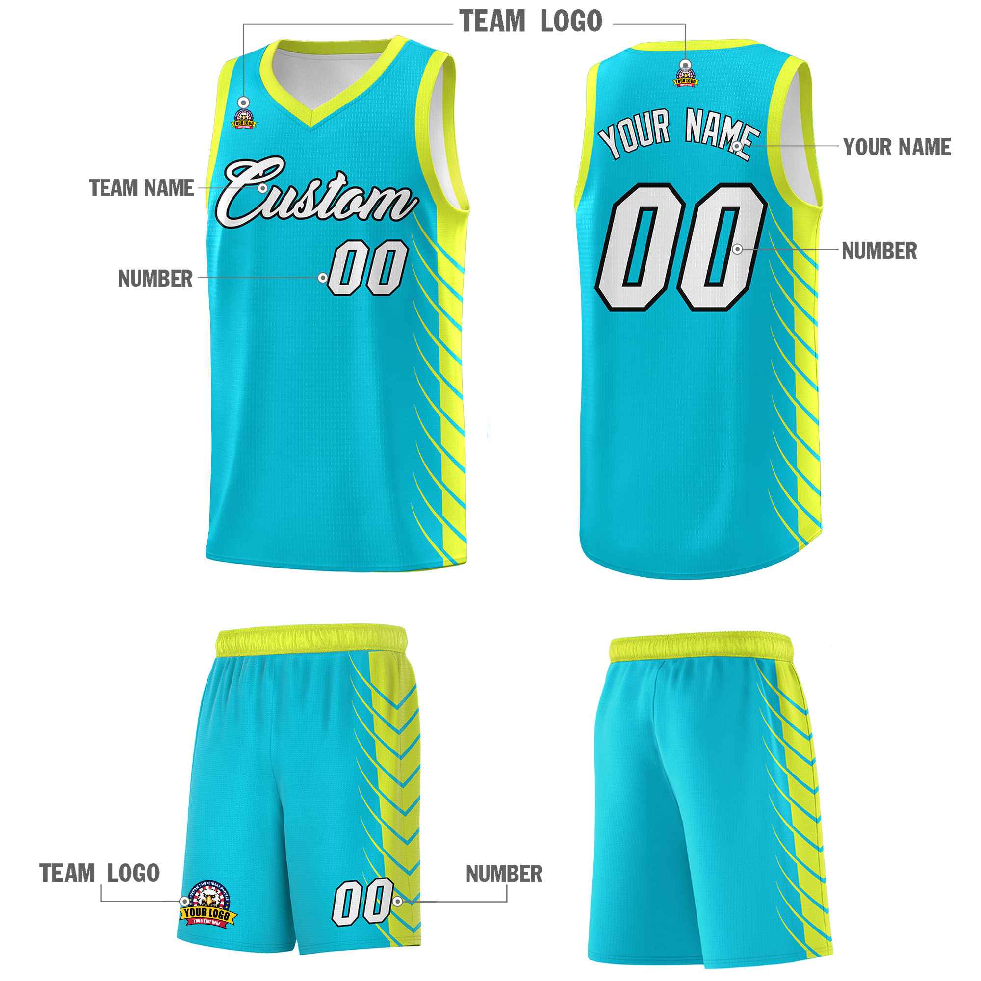 Custom Sky Blue Fluorescent Green Personalized Side Symmetrical Line Pattern Sports Uniform Basketball Jersey