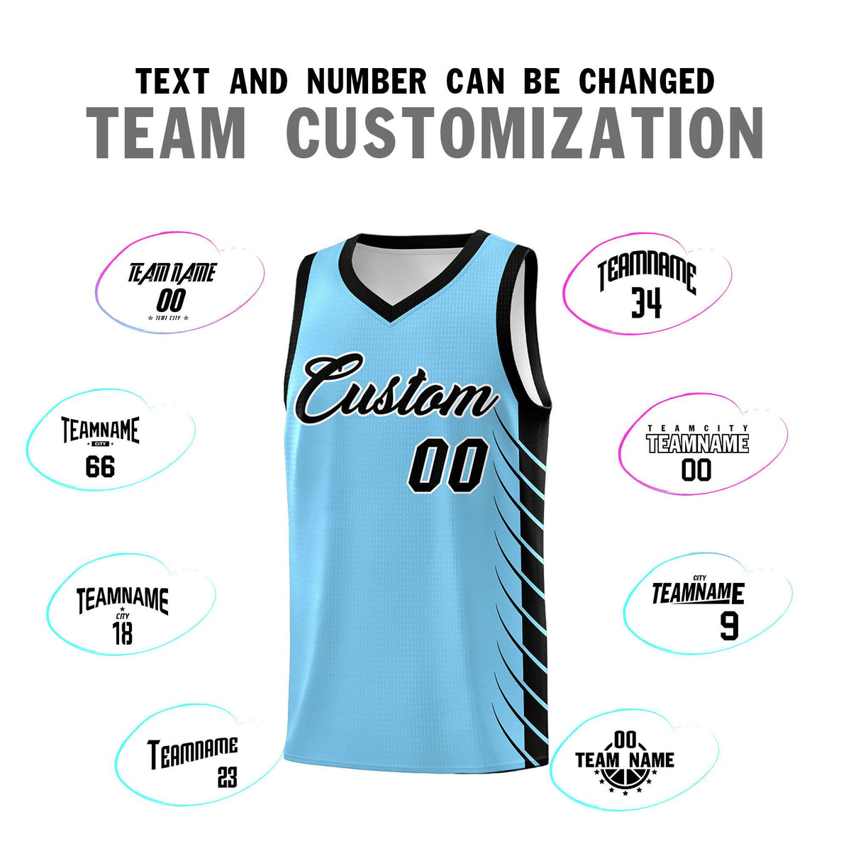 Custom Light Blue Black Personalized Side Symmetrical Line Pattern Sports Uniform Basketball Jersey