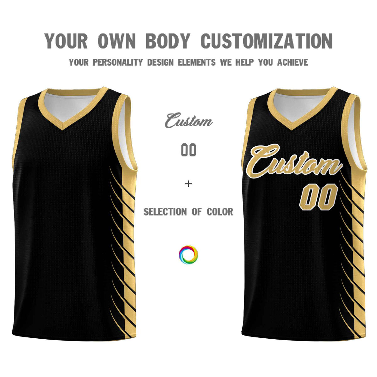 Custom Black Old Gold Personalized Side Symmetrical Line Pattern Sports Uniform Basketball Jersey