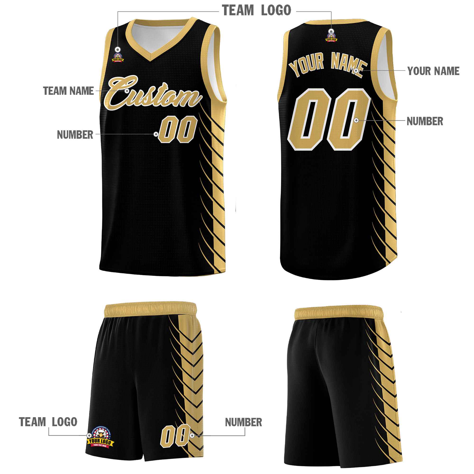 Custom Black Old Gold Personalized Side Symmetrical Line Pattern Sports Uniform Basketball Jersey