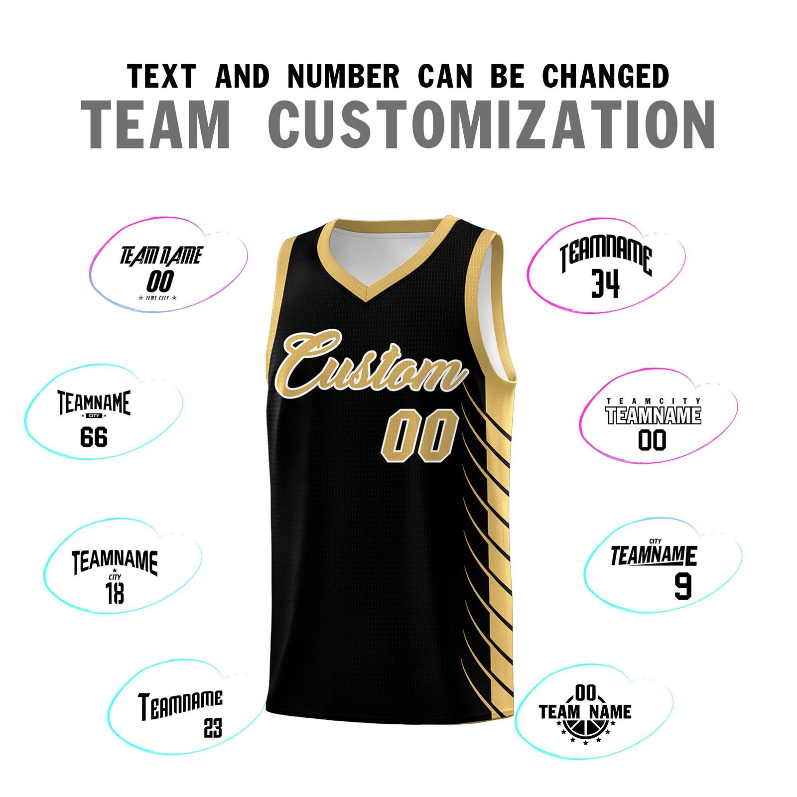 Custom Black Old Gold Personalized Side Symmetrical Line Pattern Sports Uniform Basketball Jersey
