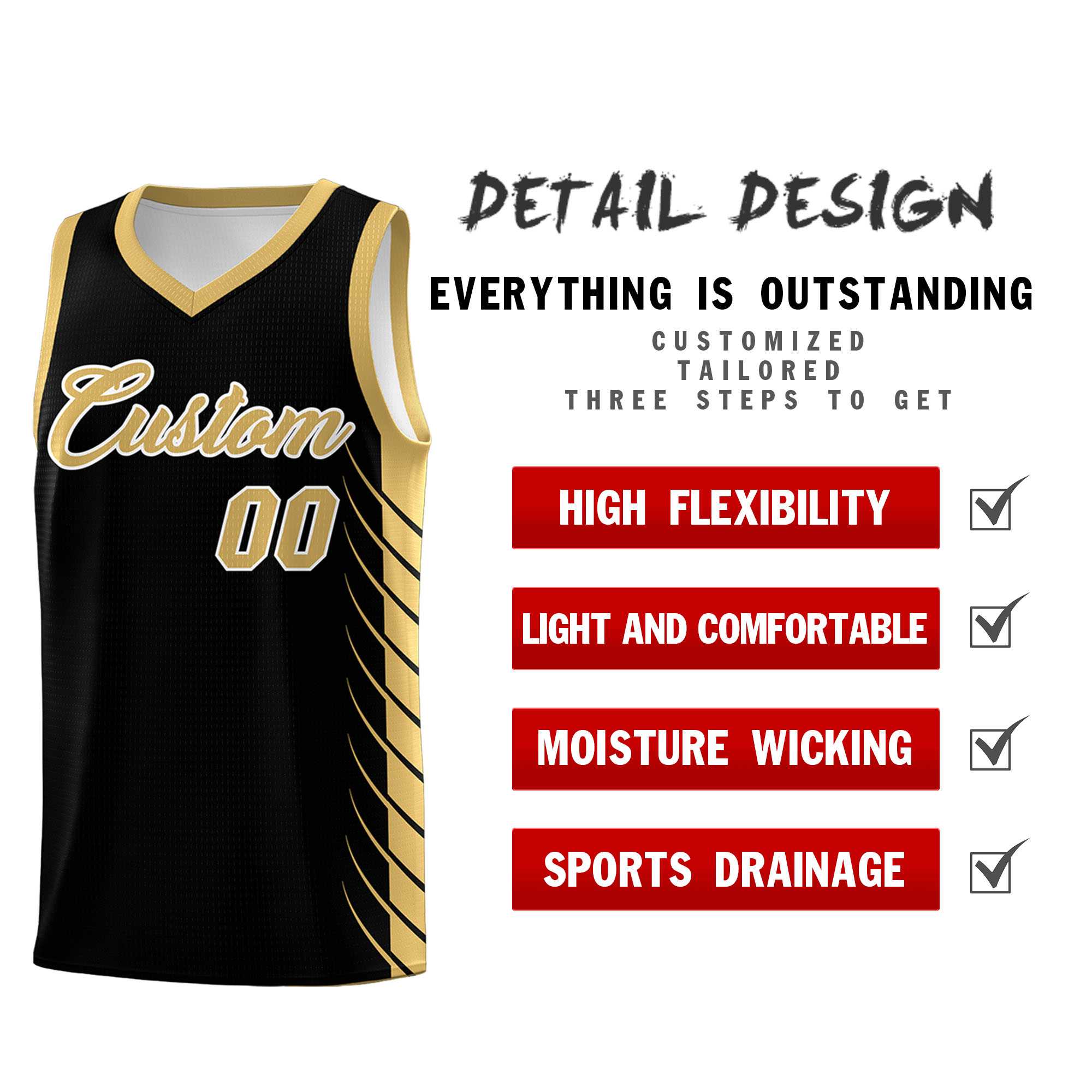 Custom Black Old Gold Personalized Side Symmetrical Line Pattern Sports Uniform Basketball Jersey