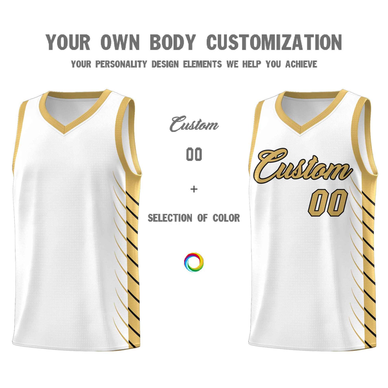 Custom White Old Gold Personalized Side Symmetrical Line Pattern Sports Uniform Basketball Jersey