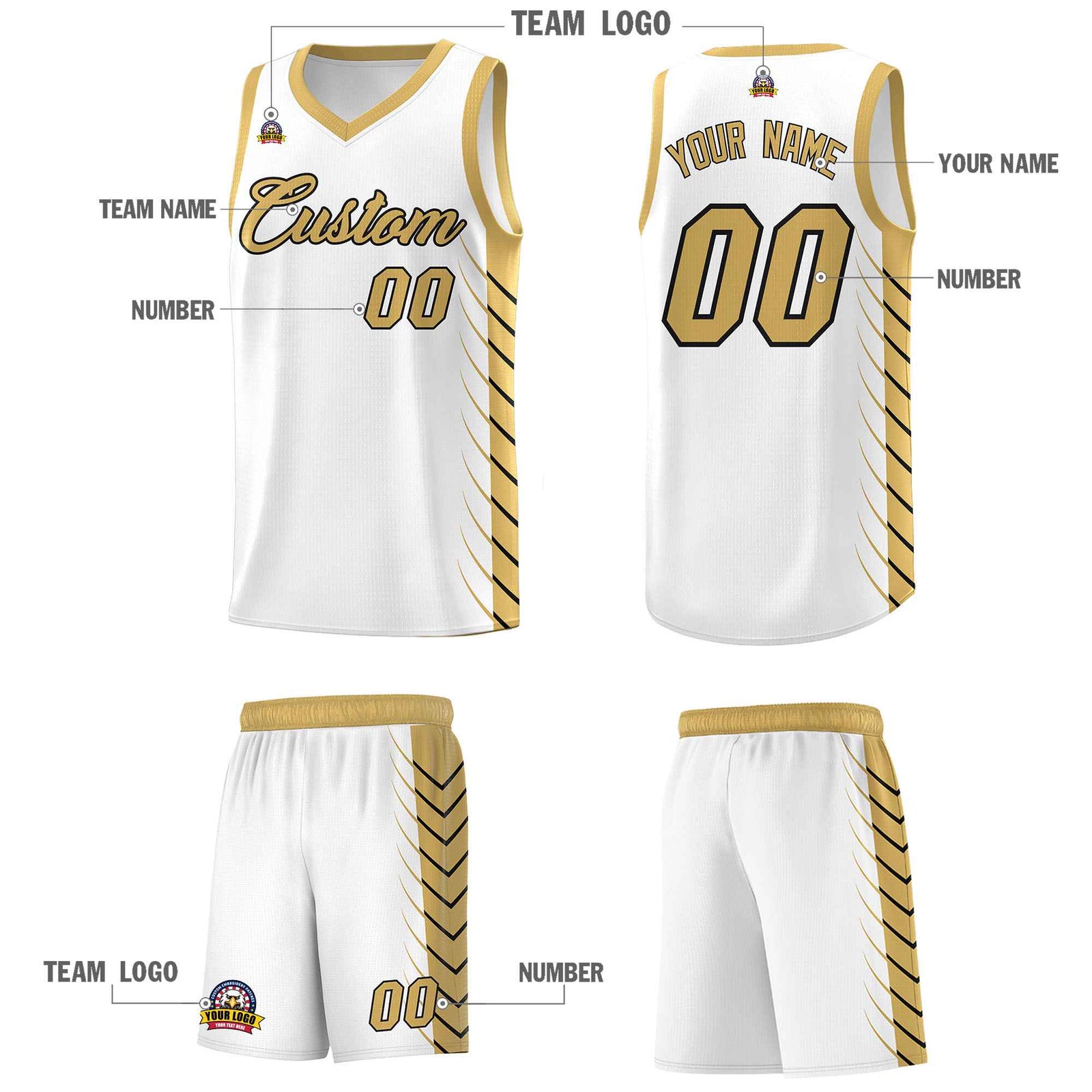 Custom White Old Gold Personalized Side Symmetrical Line Pattern Sports Uniform Basketball Jersey