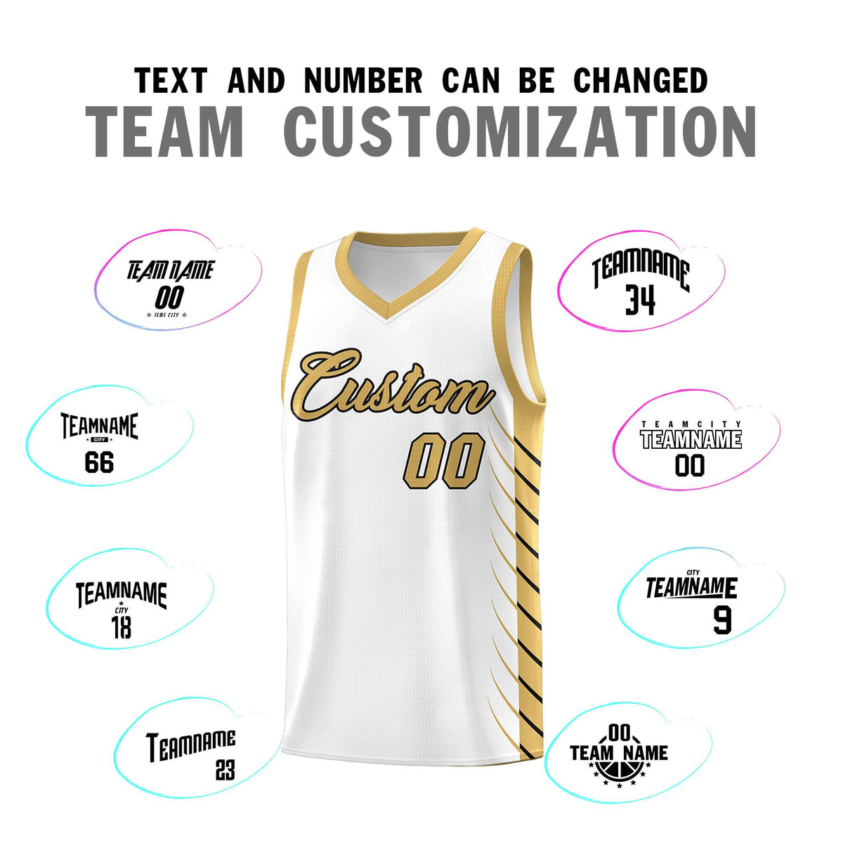 Custom White Old Gold Personalized Side Symmetrical Line Pattern Sports Uniform Basketball Jersey