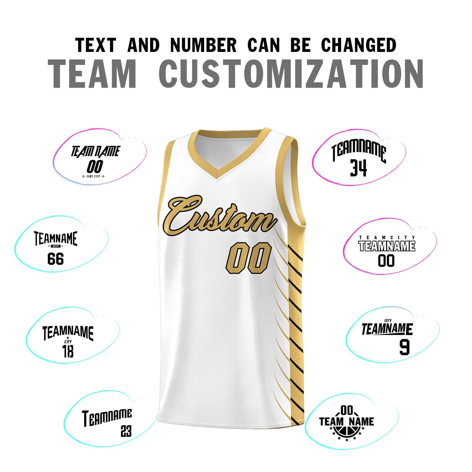 Custom White Old Gold Personalized Side Symmetrical Line Pattern Sports Uniform Basketball Jersey