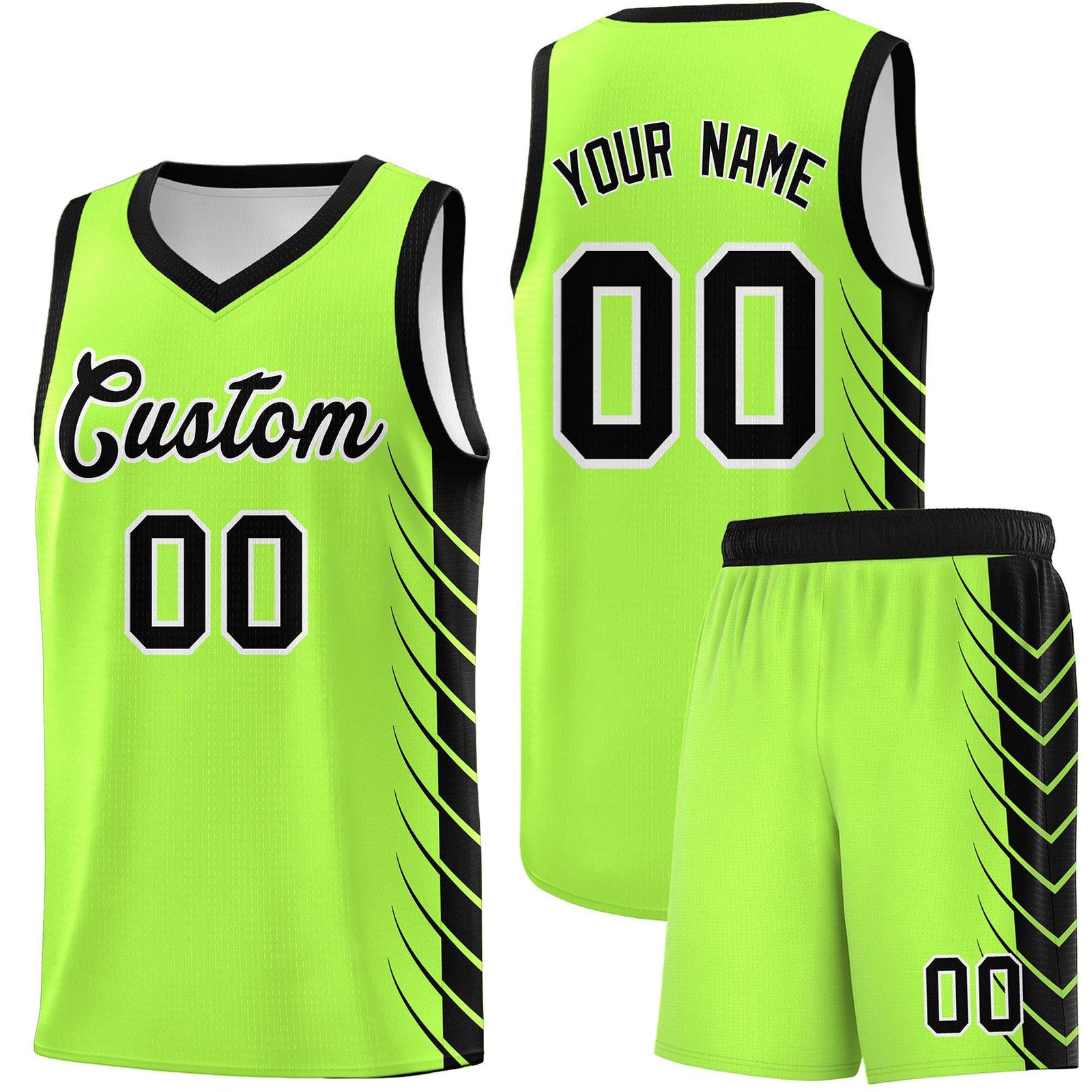 Custom Fluorescent Green Black Personalized Side Symmetrical Line Pattern Sports Uniform Basketball Jersey| KXKSHOP