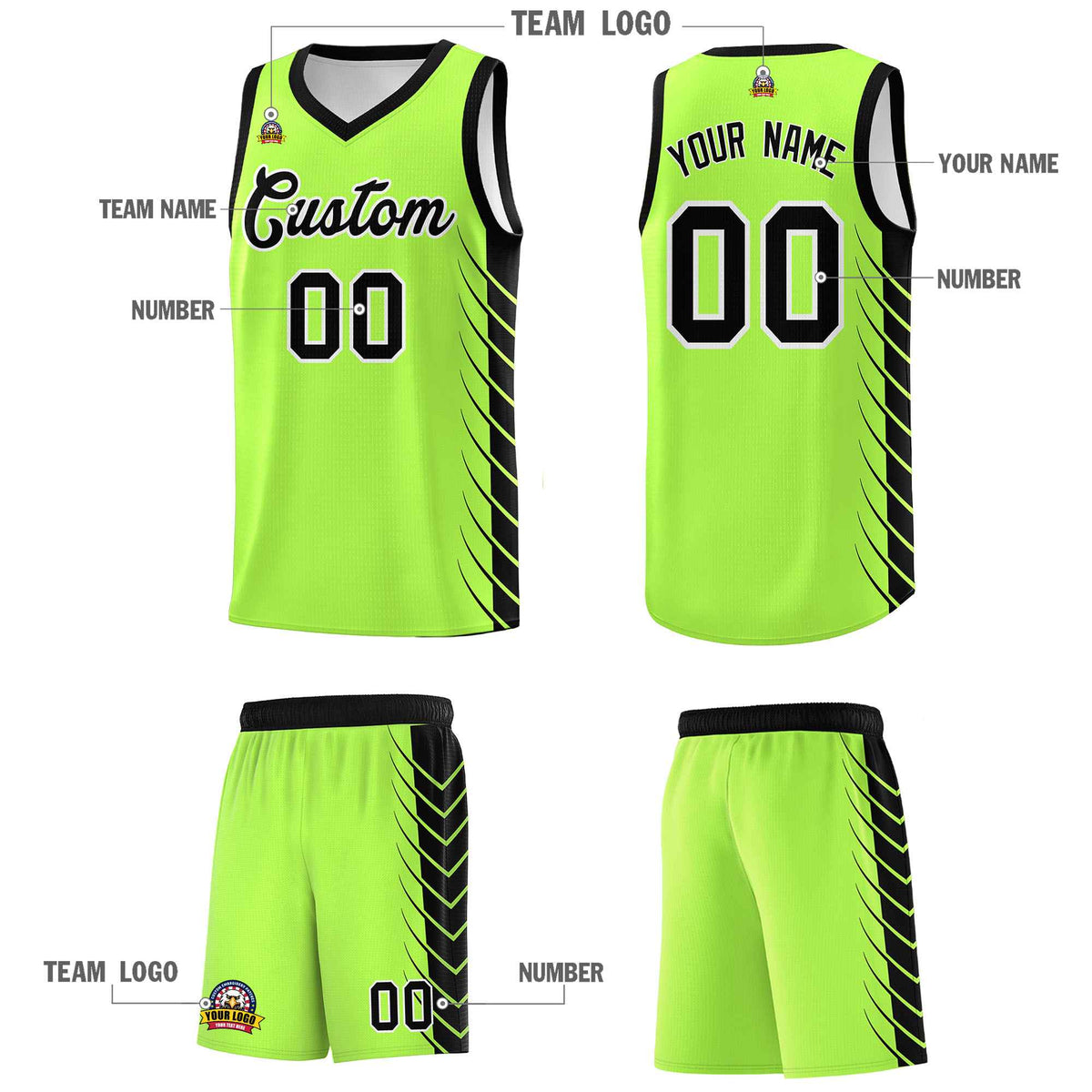 Custom Fluorescent Green Black Personalized Side Symmetrical Line Pattern Sports Uniform Basketball Jersey