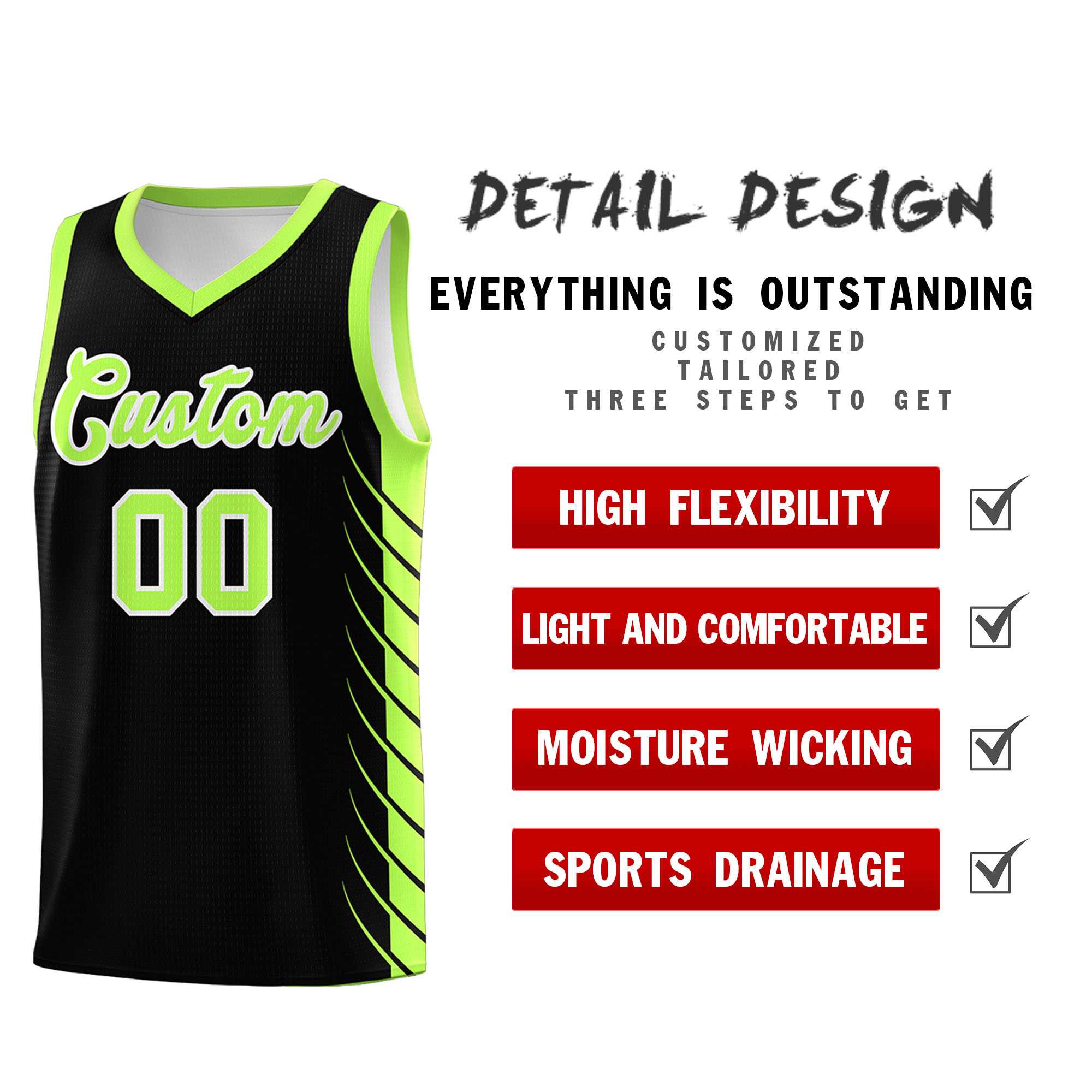 Custom Black Fluorescent Green Personalized Side Symmetrical Line Pattern Sports Uniform Basketball Jersey| KXKSHOP