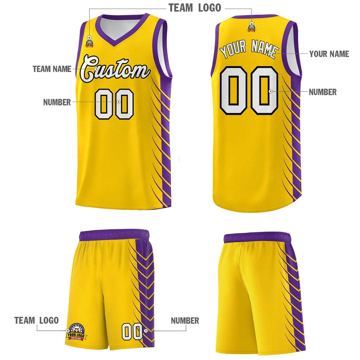 Custom Gold Purple Personalized Side Symmetrical Line Pattern Sports Uniform Basketball Jersey