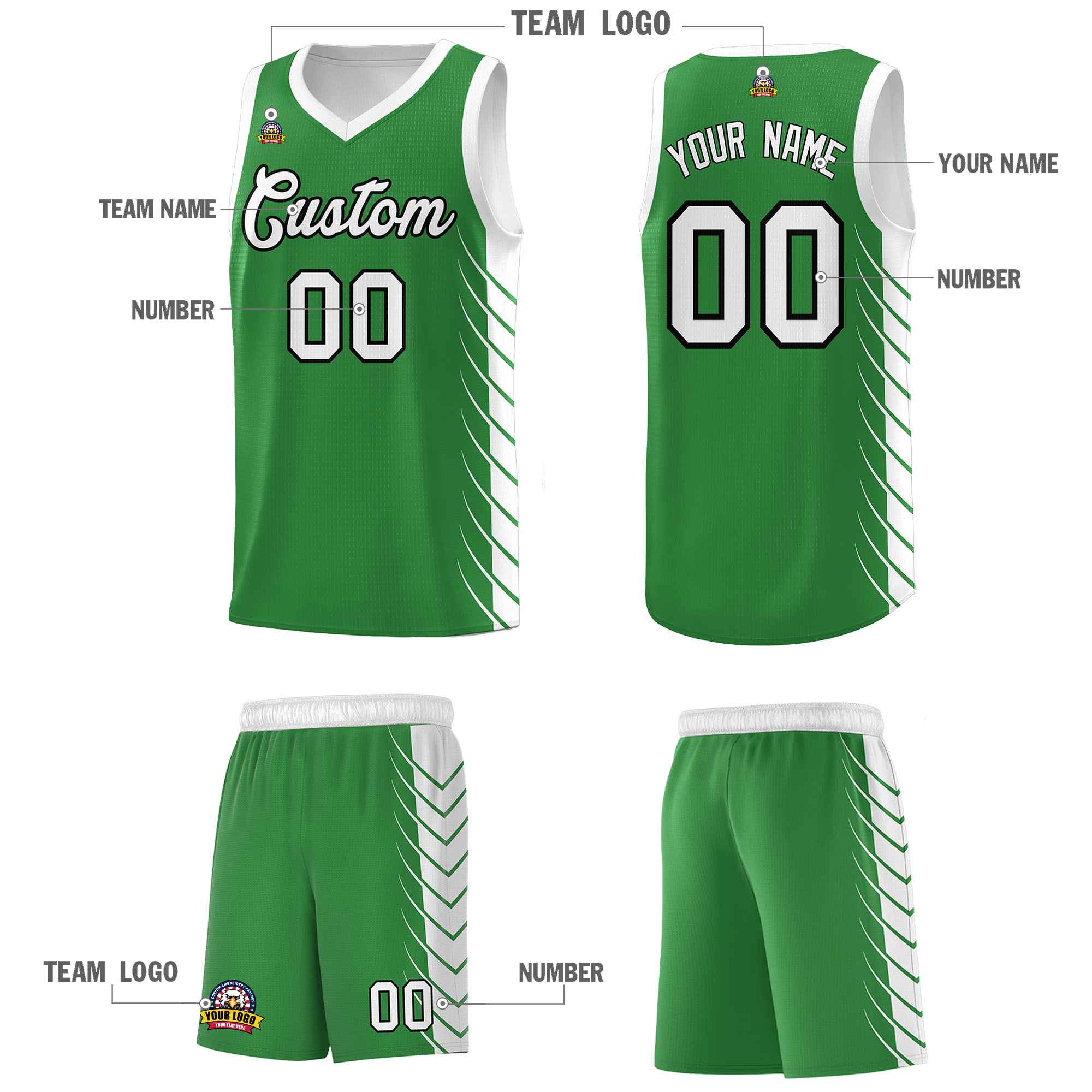 Custom Kelly Green White Personalized Side Symmetrical Line Pattern Sports Uniform Basketball Jersey