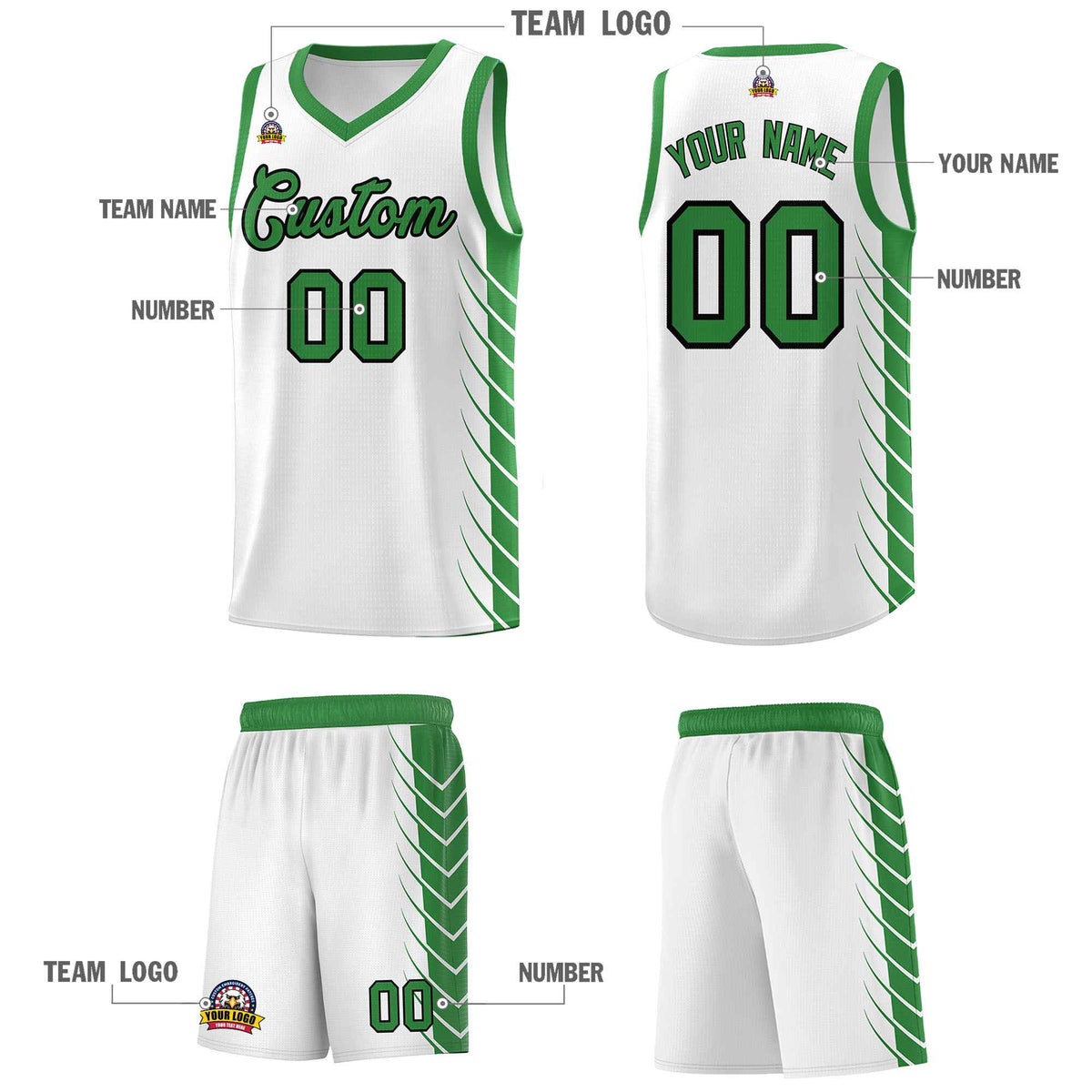 Custom White Kelly Green Personalized Side Symmetrical Line Pattern Sports Uniform Basketball Jersey