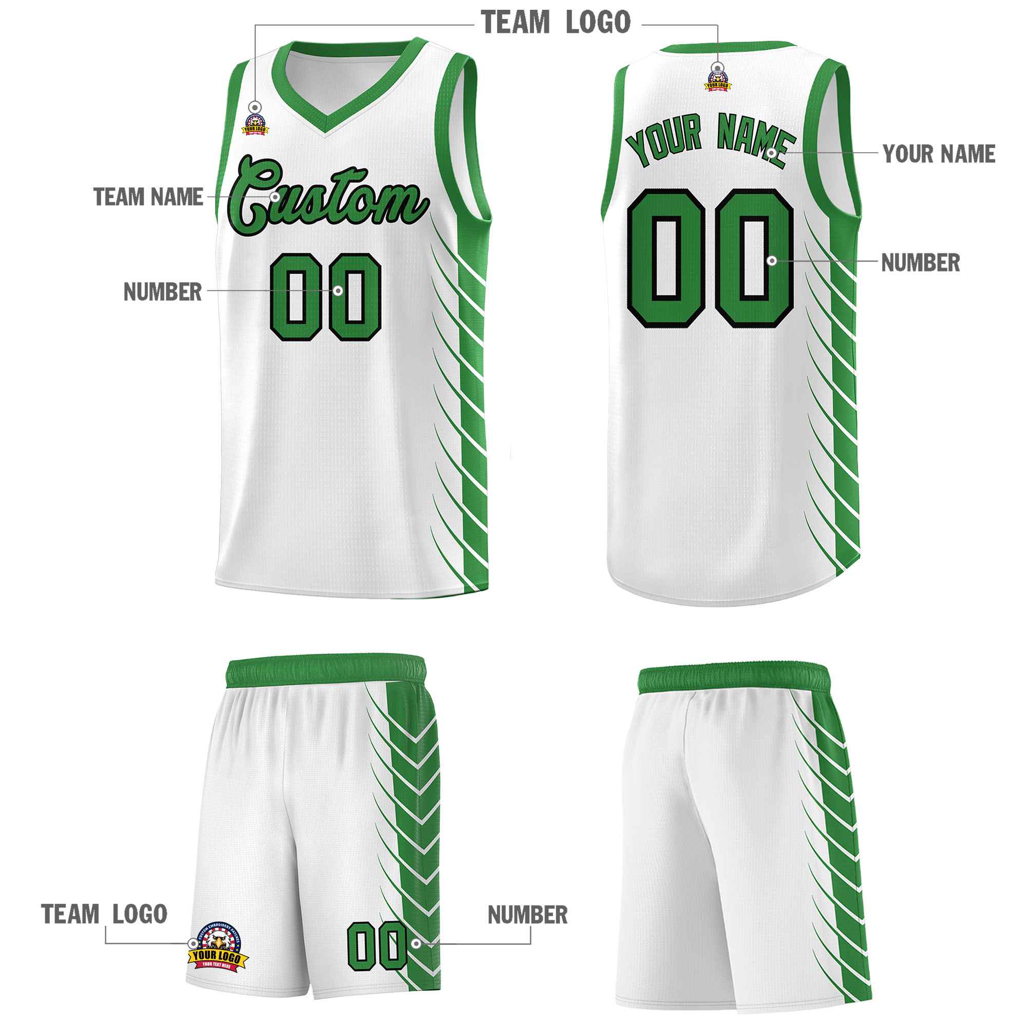 Custom White Kelly Green Personalized Side Symmetrical Line Pattern Sports Uniform Basketball Jersey