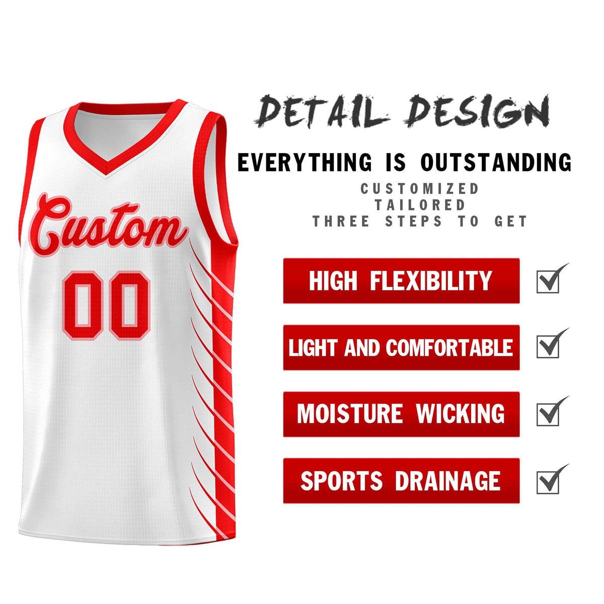 Custom White Light Red Personalized Side Symmetrical Line Pattern Sports Uniform Basketball Jersey| KXKSHOP