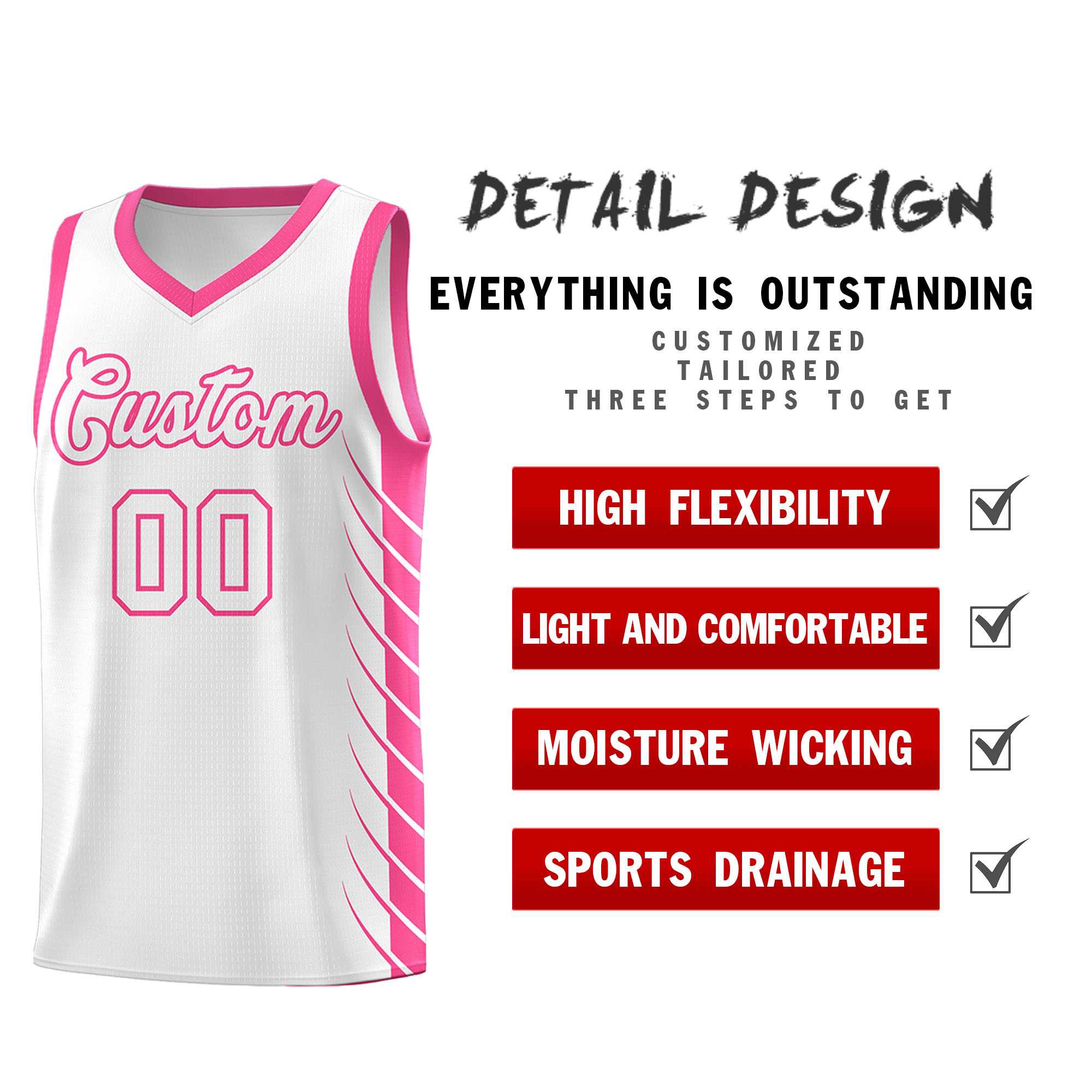 Custom White Pink Personalized Side Symmetrical Line Pattern Sports Uniform Basketball Jersey| KXKSHOP
