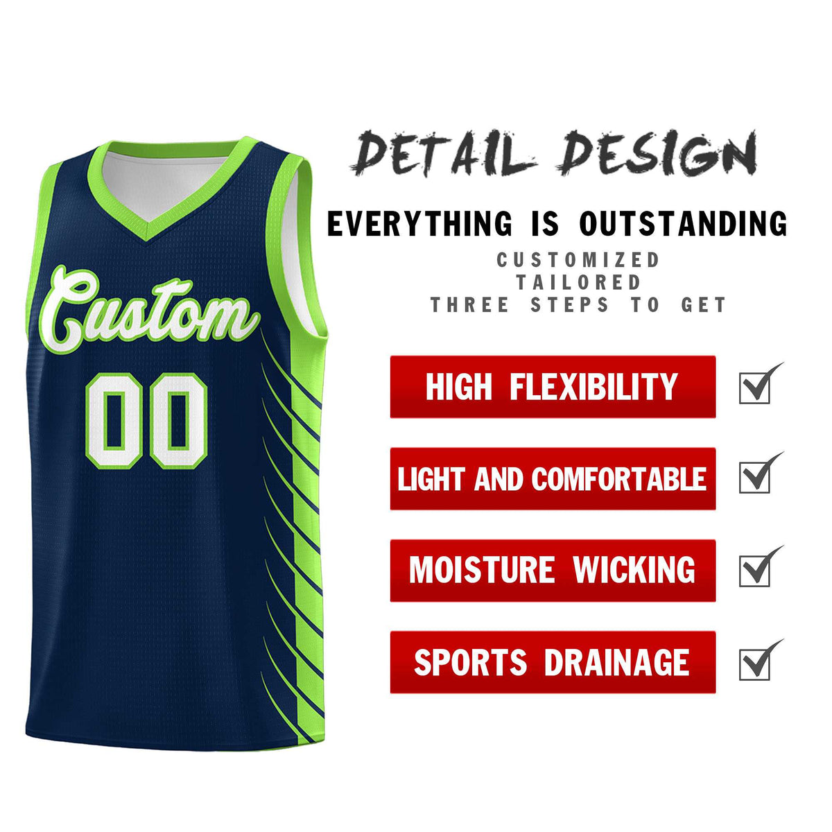 Custom Navy Fluorescent Green Personalized Side Symmetrical Line Pattern Sports Uniform Basketball Jersey| KXKSHOP