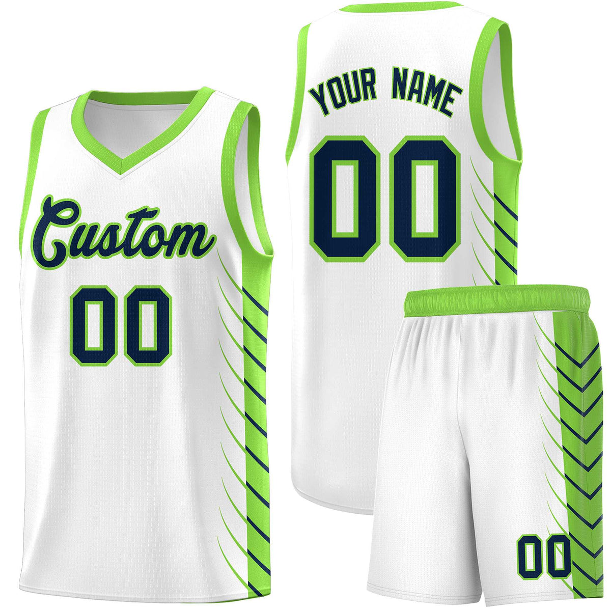 Custom White Fluorescent Green Personalized Side Symmetrical Line Pattern Sports Uniform Basketball Jersey| KXKSHOP
