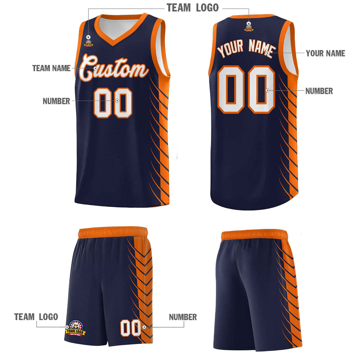 Custom Navy Orange Personalized Side Symmetrical Line Pattern Sports Uniform Basketball Jersey