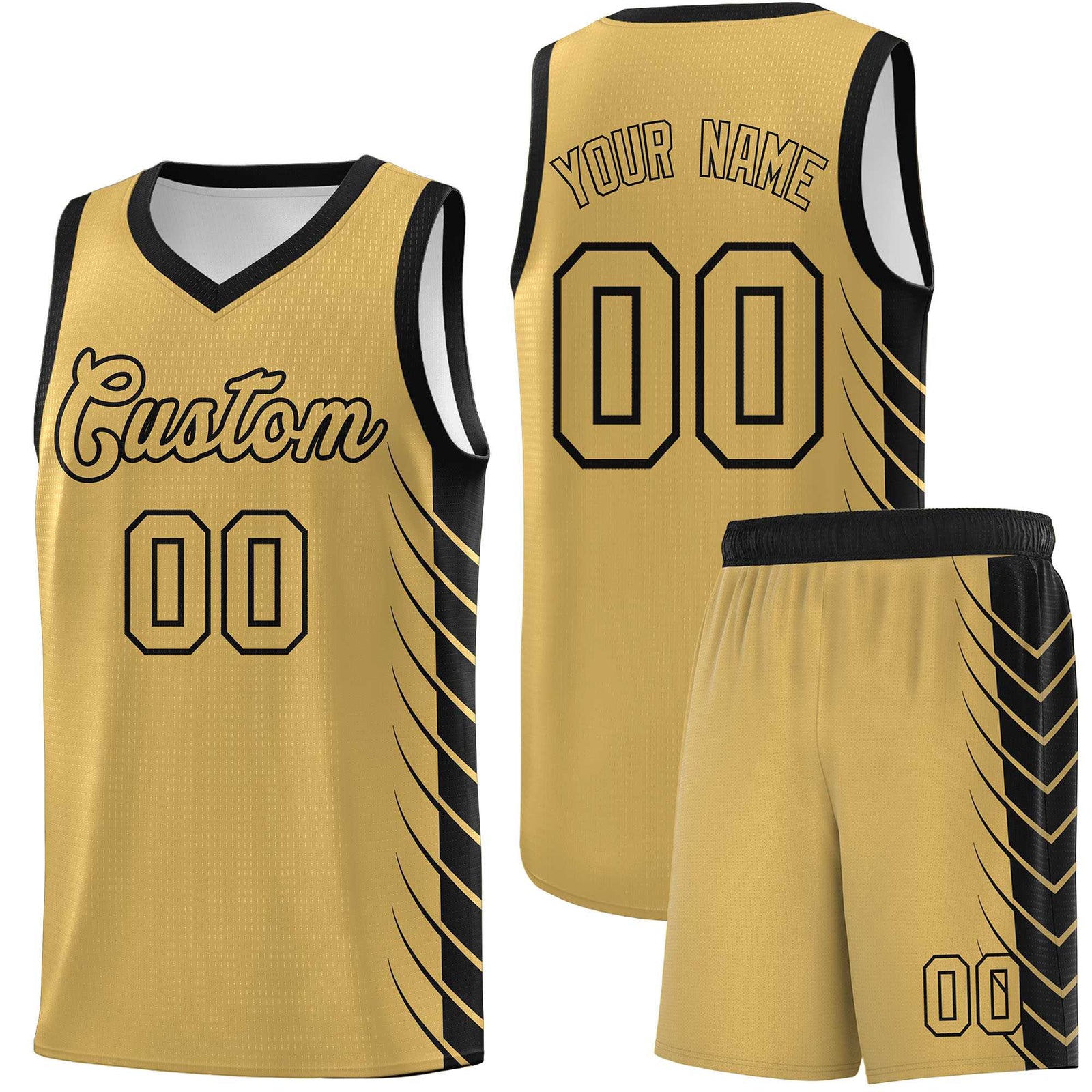 Custom Old Gold Black Personalized Side Symmetrical Line Pattern Sports Uniform Basketball Jersey| KXKSHOP