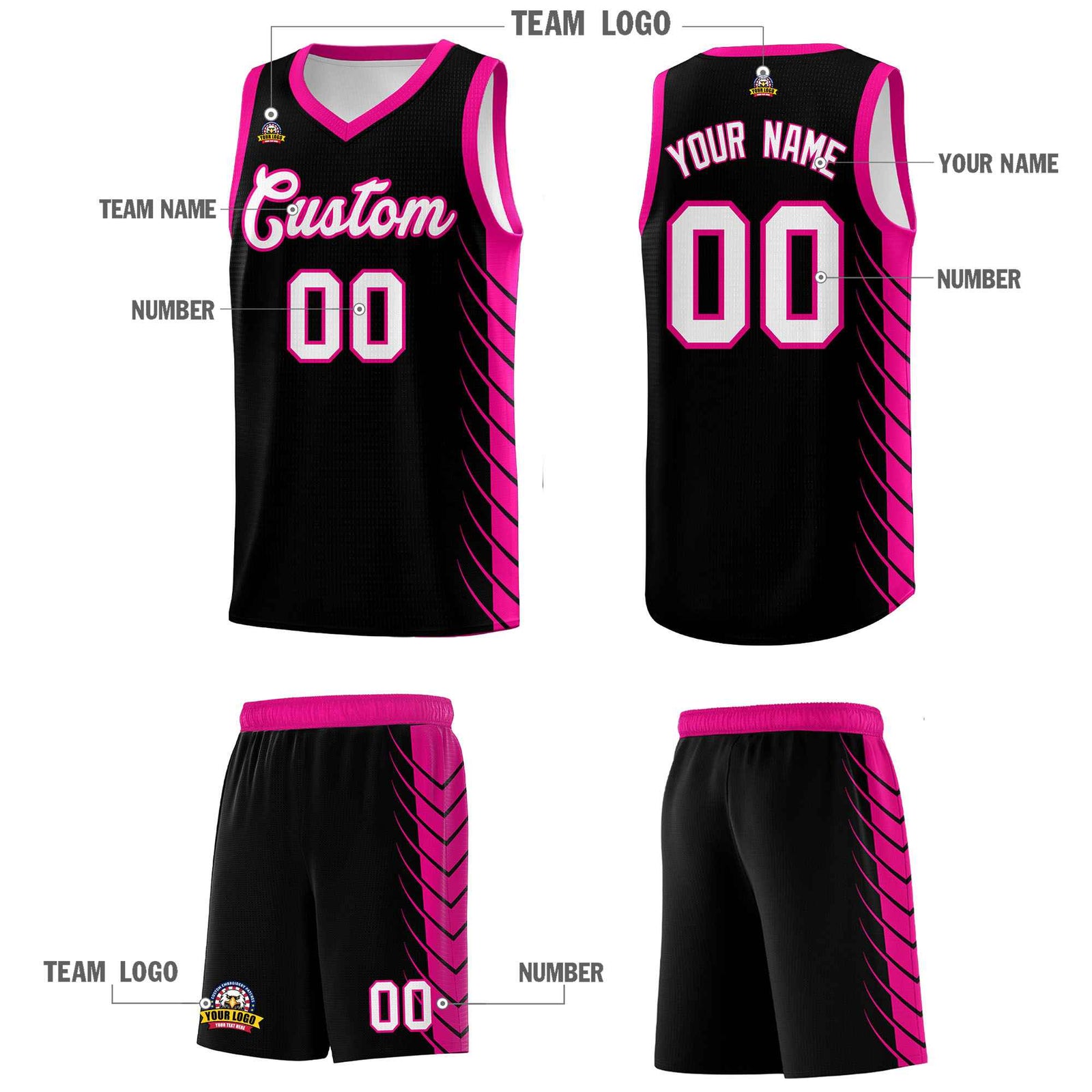 Custom Black Pink Personalized Side Symmetrical Line Pattern Sports Uniform Basketball Jersey