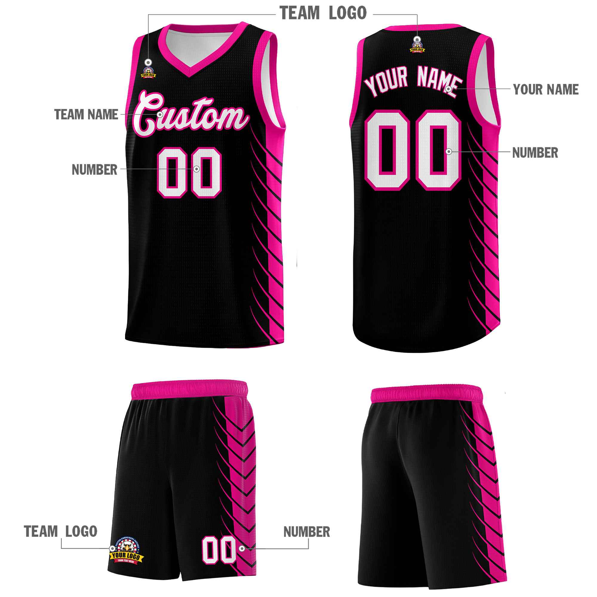 Custom Black Pink Personalized Side Symmetrical Line Pattern Sports Uniform Basketball Jersey