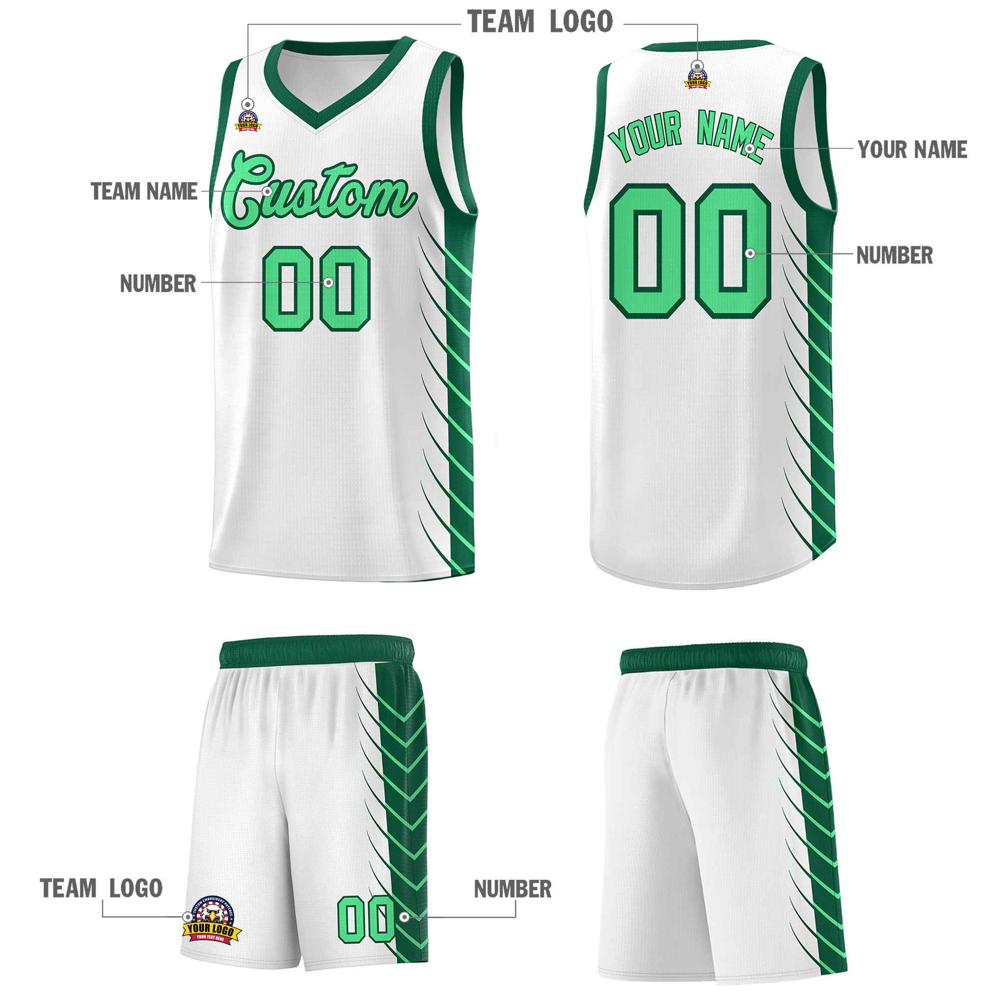 Custom White Kelly Green Personalized Side Symmetrical Line Pattern Sports Uniform Basketball Jersey