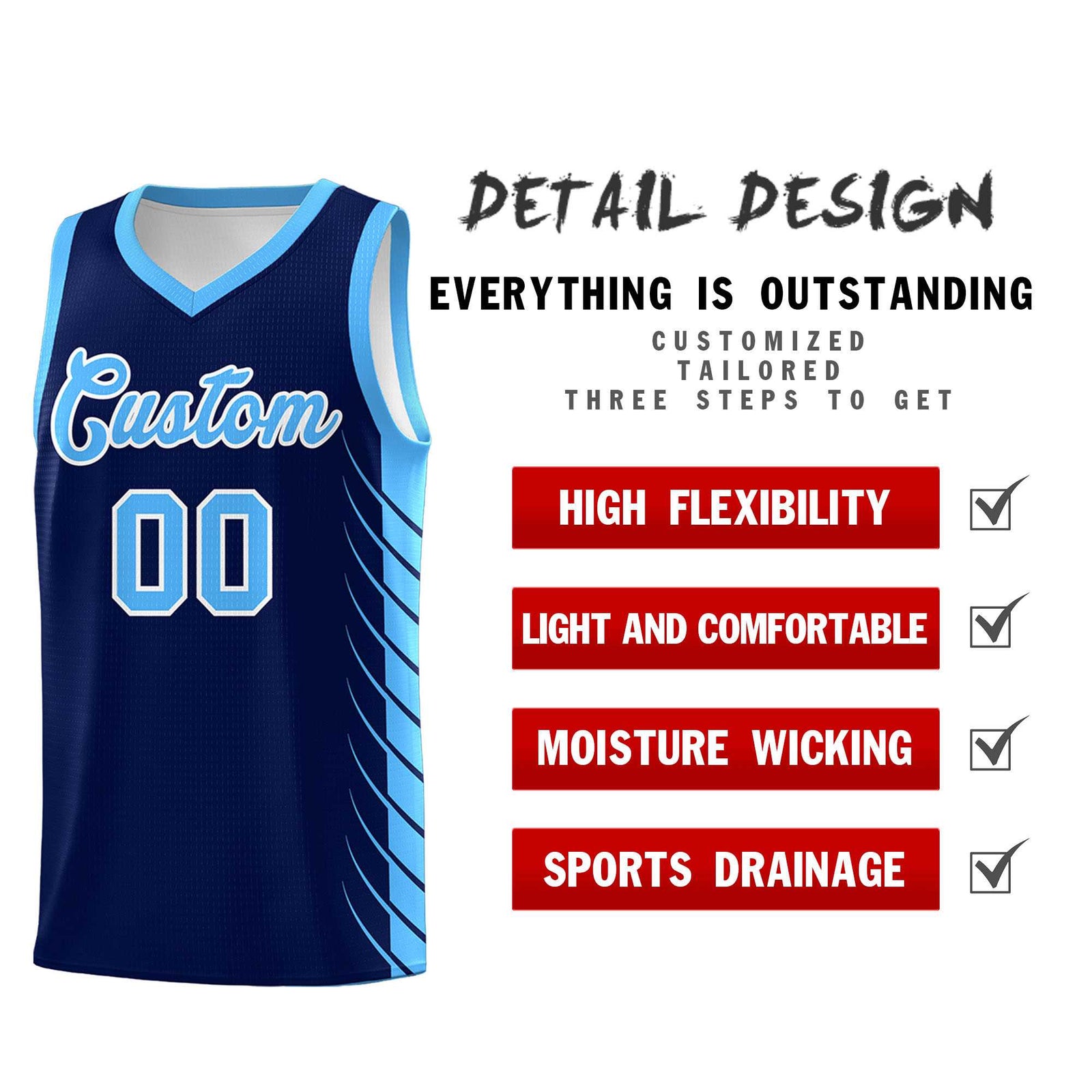 Custom Navy Powder Blue Personalized Side Symmetrical Line Pattern Sports Uniform Basketball Jersey| KXKSHOP